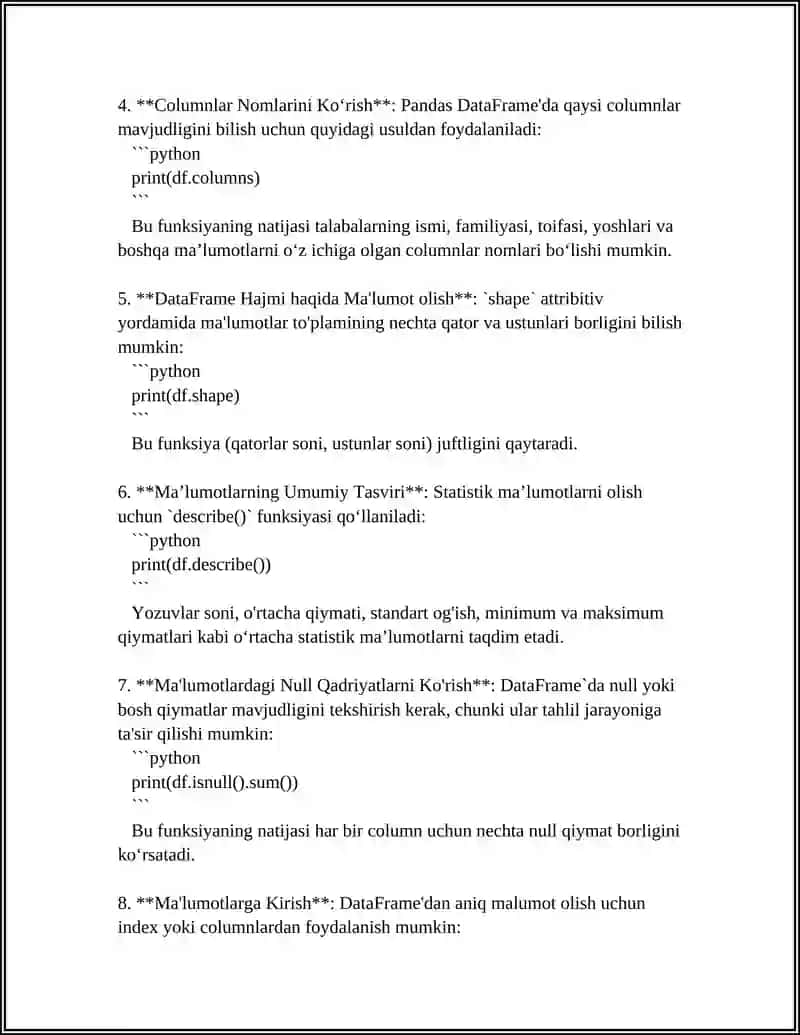 Talabalar ma'lumotlari asosida Pandas orqali statistik tahlil o‘tkazish 4