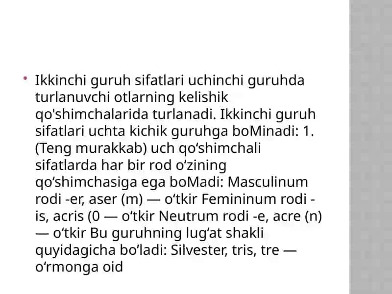 Anatomik va gistologik nomenklaturalarida qo’llaniladigan hozirgi zamon sifatdoshining aniqlik nisbati.(abducens-uzoqlashuvchi, perforans-yoriluvchi). Anatomik va gistologik nomenklaturalarida qo’llaniladigan hozirgi zamon sifatdoshining majhullik nisbati.(circumflexus-egilgan, perforatus-teshilgan) 4