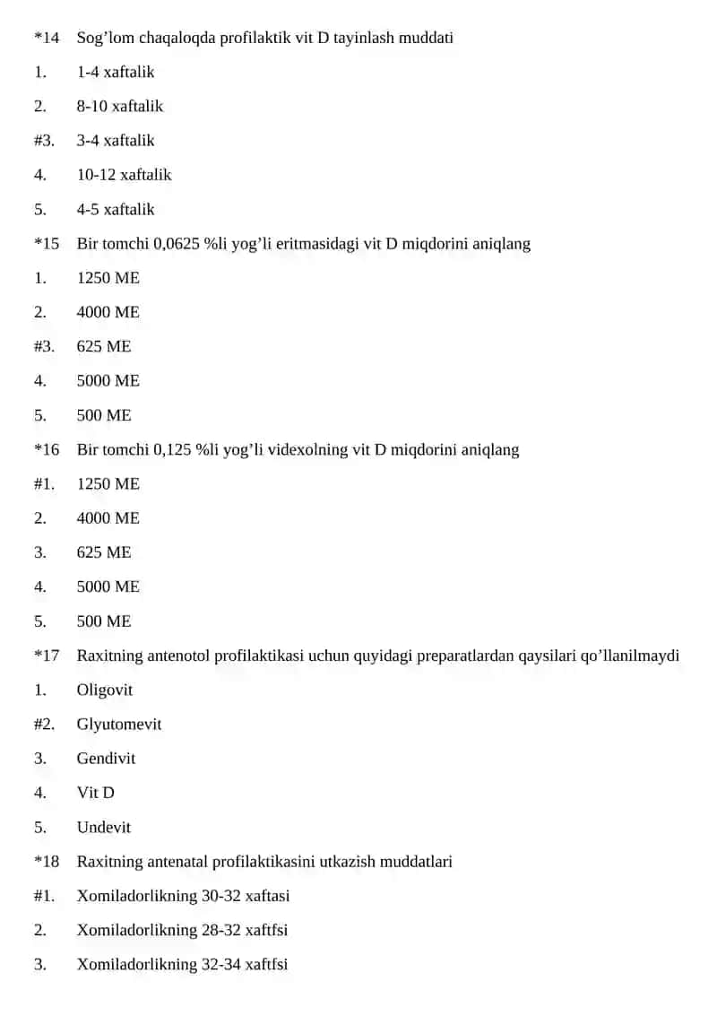 Pediatriya fanidan Uzbek tilidagi test savollari ro‘yxati 4