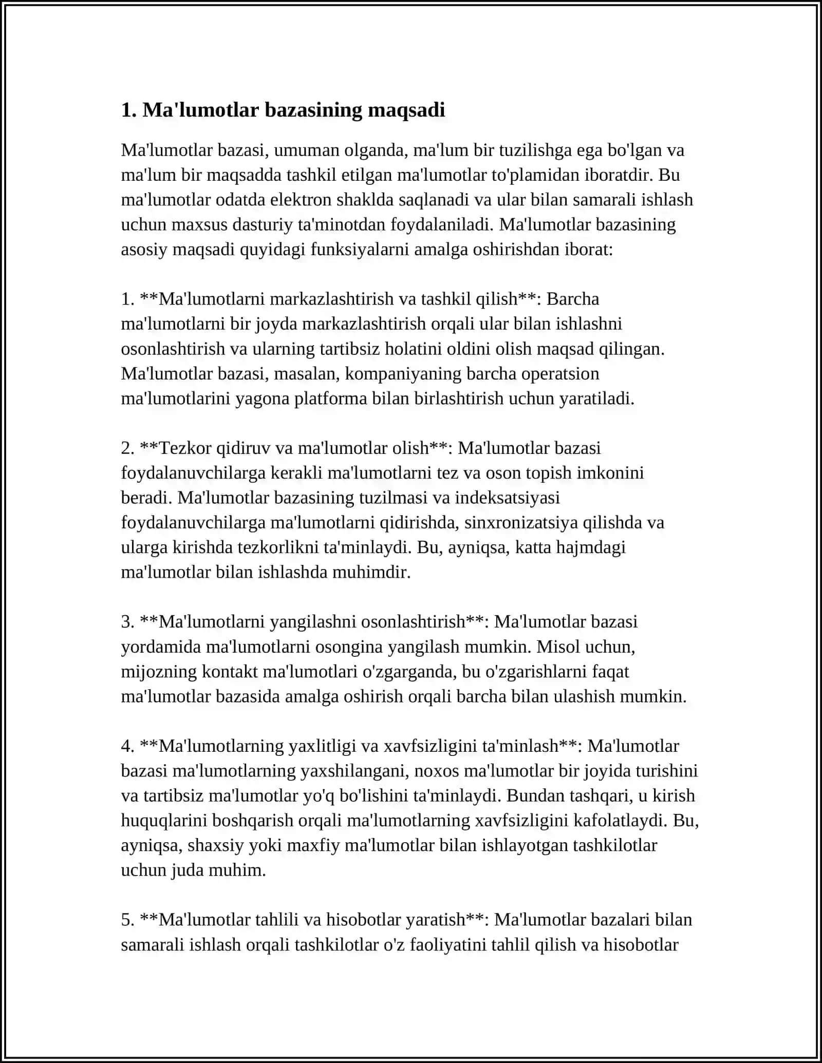 MUSTAQIL ISH Mavzu: MA’LUMOTLAR BAZASINING MAQSADI, VAZIFALARI VA ASOSIY TUSHUNCHALAR 4