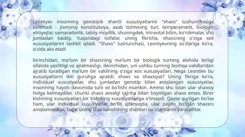 A.N.Leontyevning faoliyat nazariyasi va V.N.Myasishchevning munosabatlar psixologiyasida bola psixik taraqqiyoti qonuniyatlarining yoritilishi 4