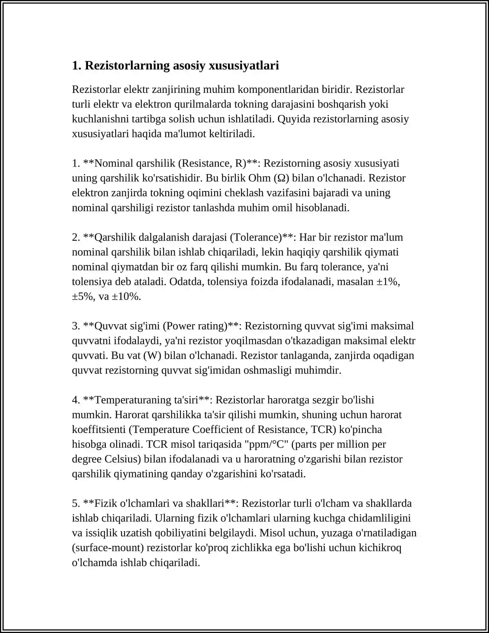 SXEMANING ASOSIY PASSIV ELEMENTLARI( REZISTORLAR, INDEKTIV GʻALTAKLAR, KONDENSATORLAR) NING BELGILANISHI VA XUSUSIYATLARI 4