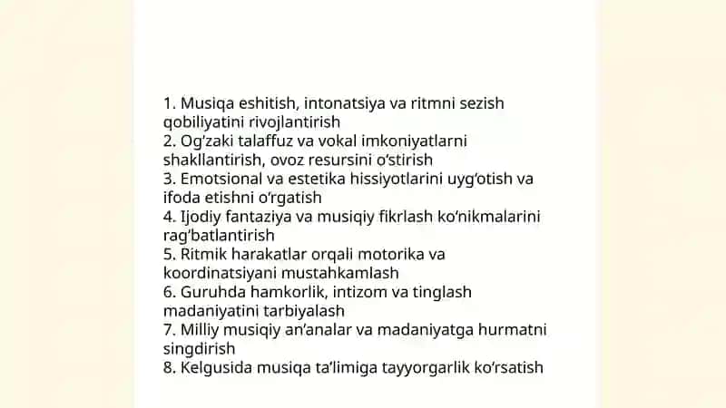Maktabgacha ta'lim tashkilotlarida musiqaviy tarbiyaning maqsad va vazifalari 4