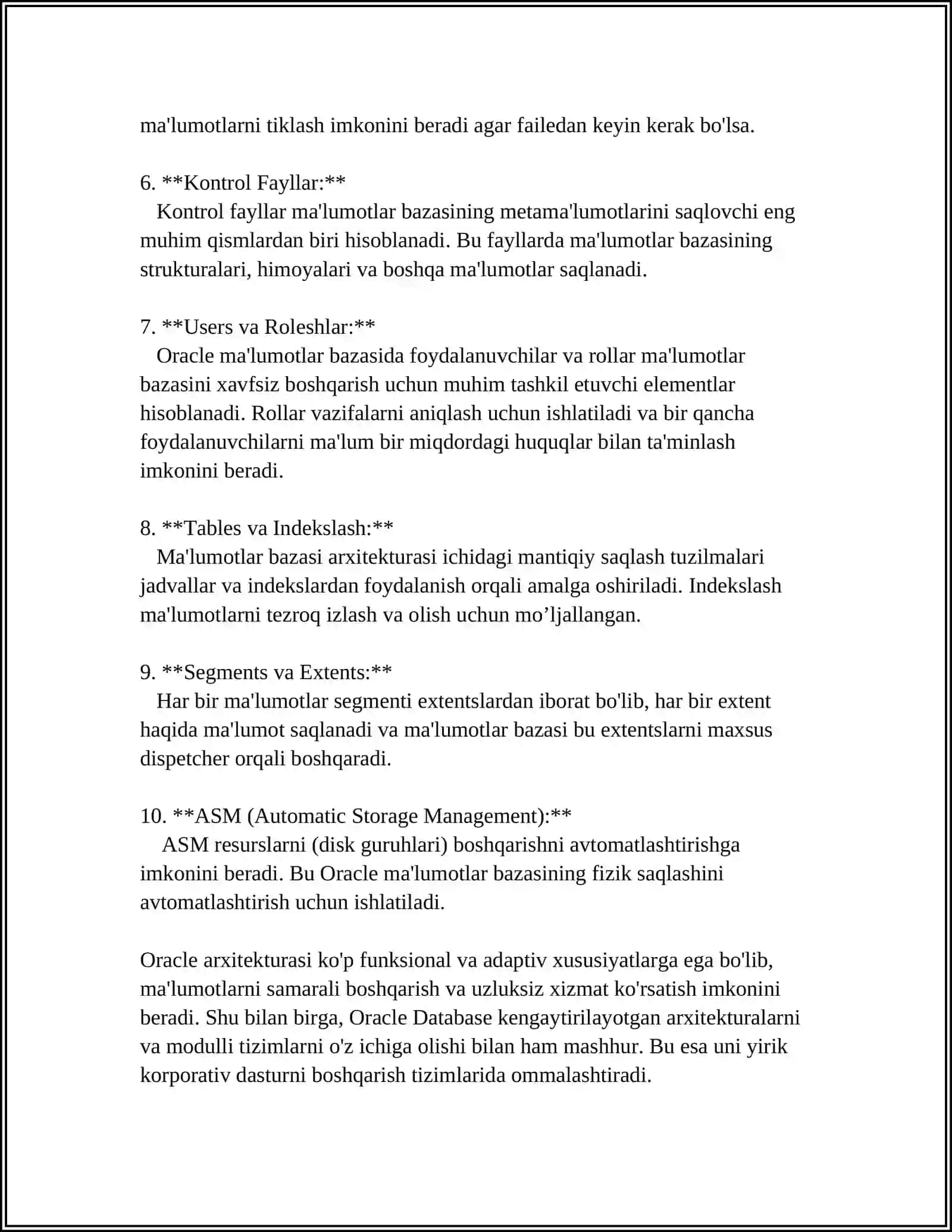 ORACLE MA’LUMOTLAR BAZASIDA BOSHQARISH TIZIMLARINING ISHLASH TEXNOLIGIYALARI 4