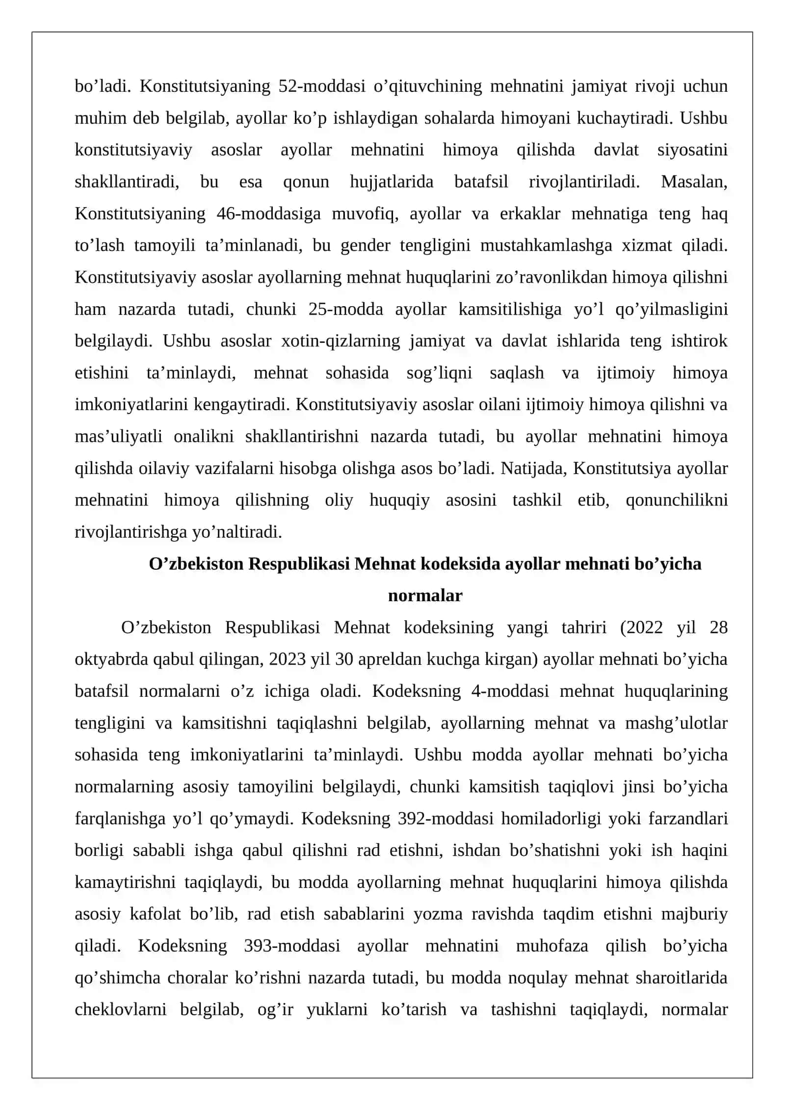 Ayollarning va oilaviy vazifalarni bajarish bilan mashg’ul shaxslarning mehnatini tartibga solishning o’ziga xos xususiyatlari 4
