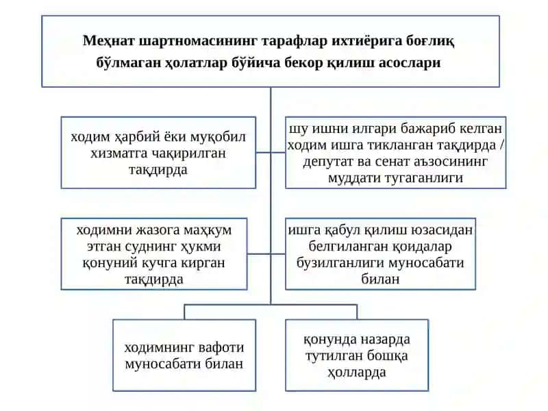 Тарафлар ихтиёрига боғлиқ бўлмаган ҳолатлар бўйича меҳнат шартномасини бекор қилиш 4