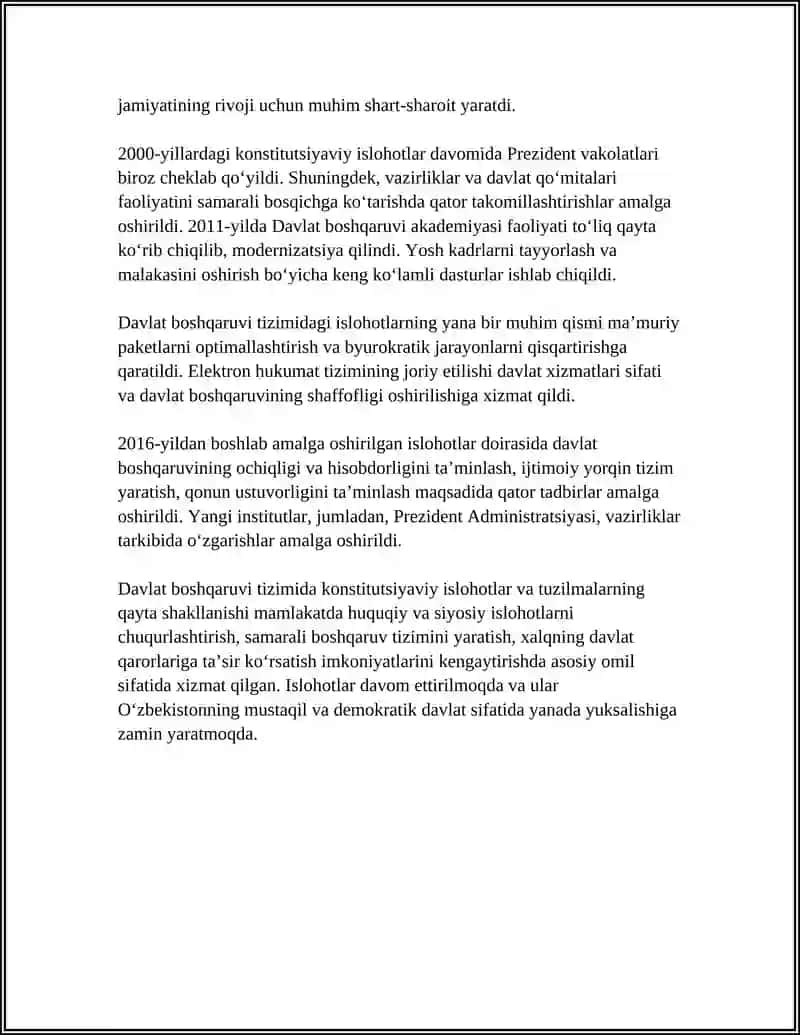MUSTAQILLIK YILLARIDA DAVLAT BOSHQARUVI TIZIMDA AMALGA OSHIRILGAN ISLOHOTLAR 4