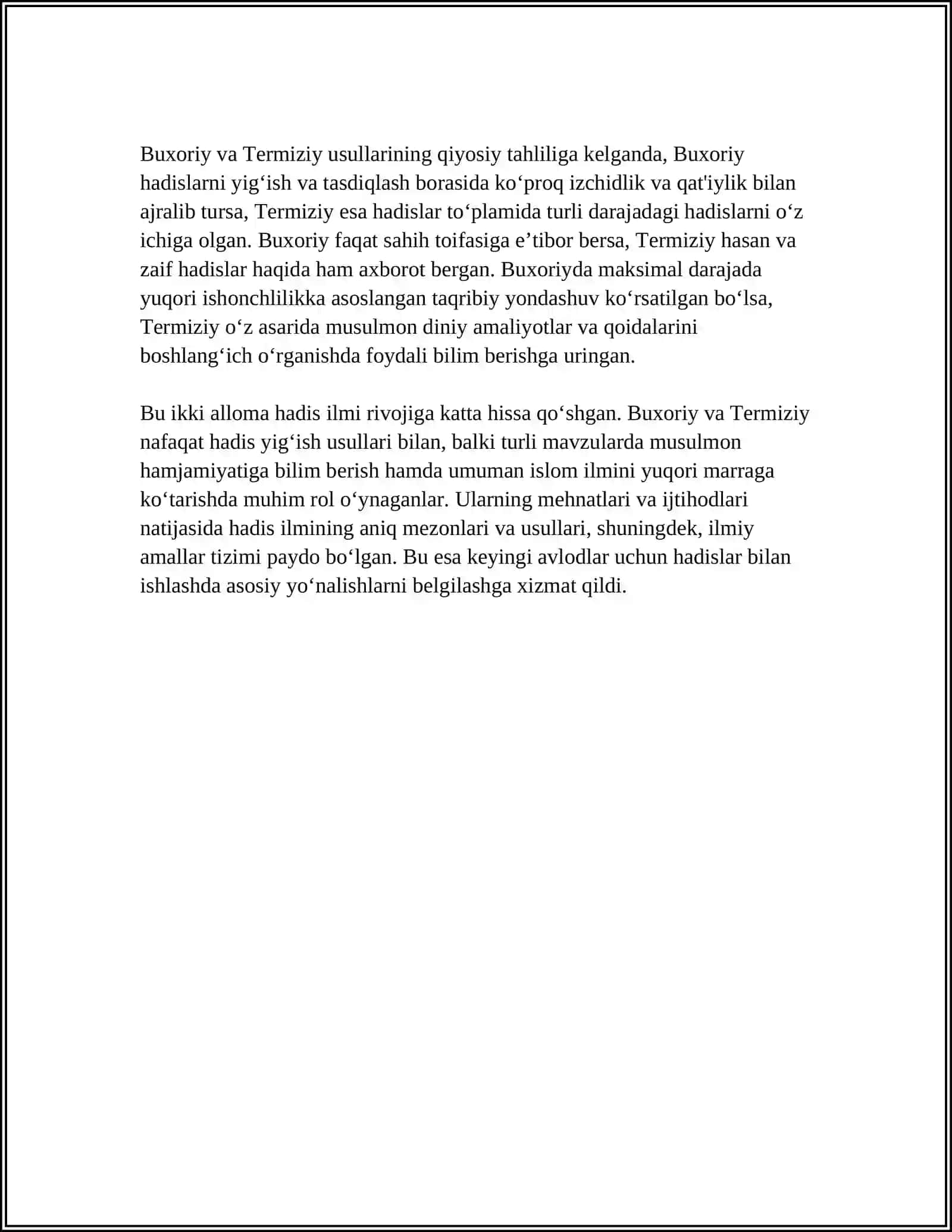 IMOM BUXORIY VA IMOM TERMIZIYNING HADIS ILMIGA QO’SHGAN HISSALARINI QIYOSIY TAHLILI 4