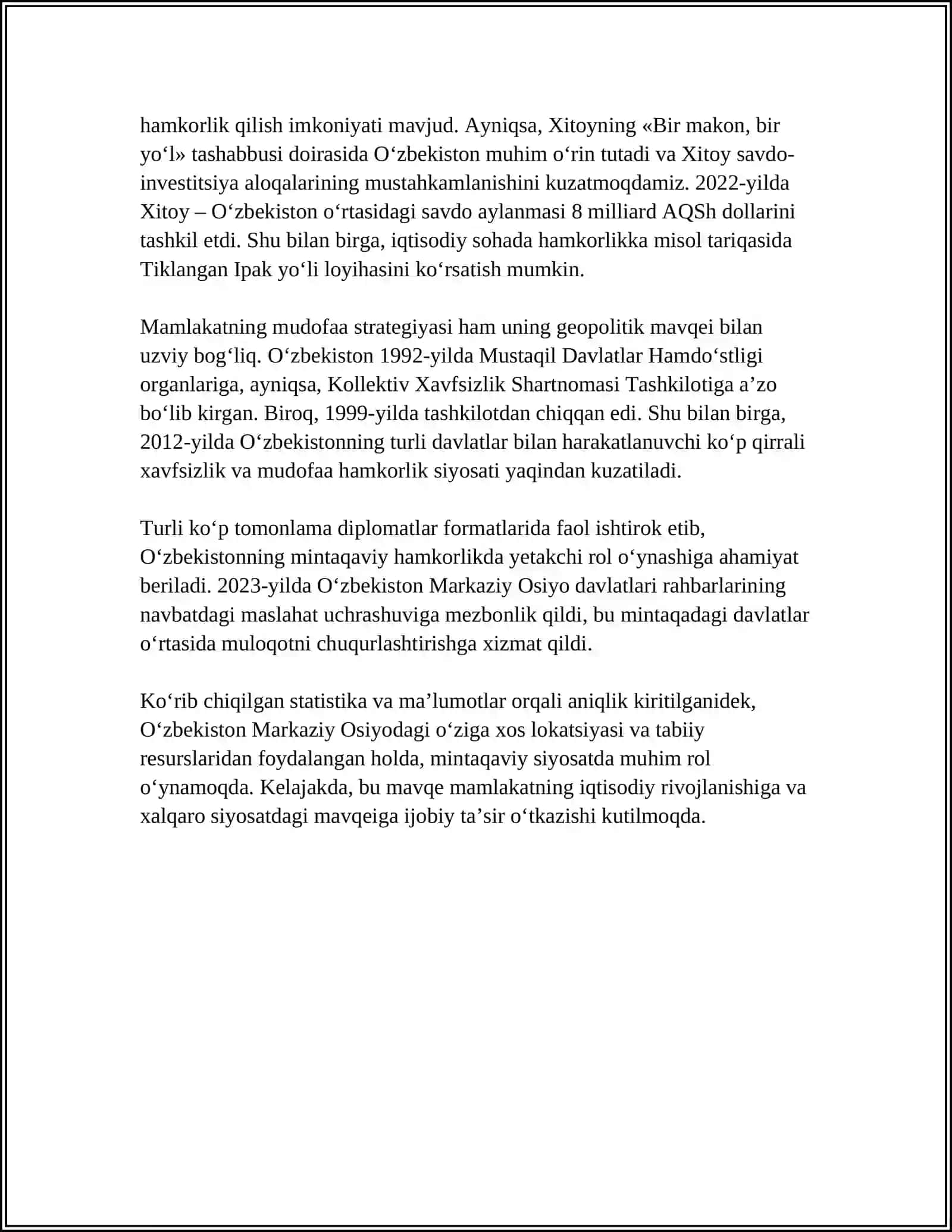 O‘ZBEKISTONNING MARKAZIY OSIYODA TINCHLIK VA BARQARORLIKNI TA’MINLASHDAGI O‘RNI 4