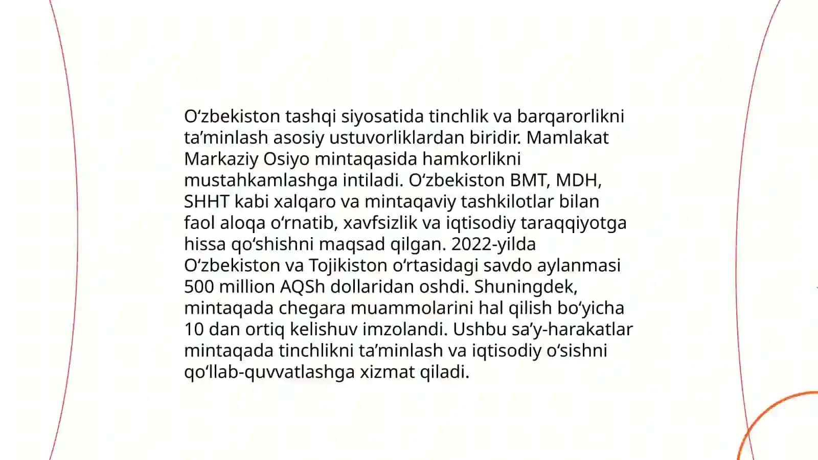 O'zbekistonning Markaziy Osiyoda tinchlik va Barqarorlikni taminlashdagi o'rni 4