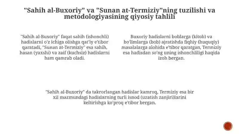 "Imom Buxoriy va Imom Termiziyning hadis ilmiga qushgan hissalarini qivosiy tahlili" 4