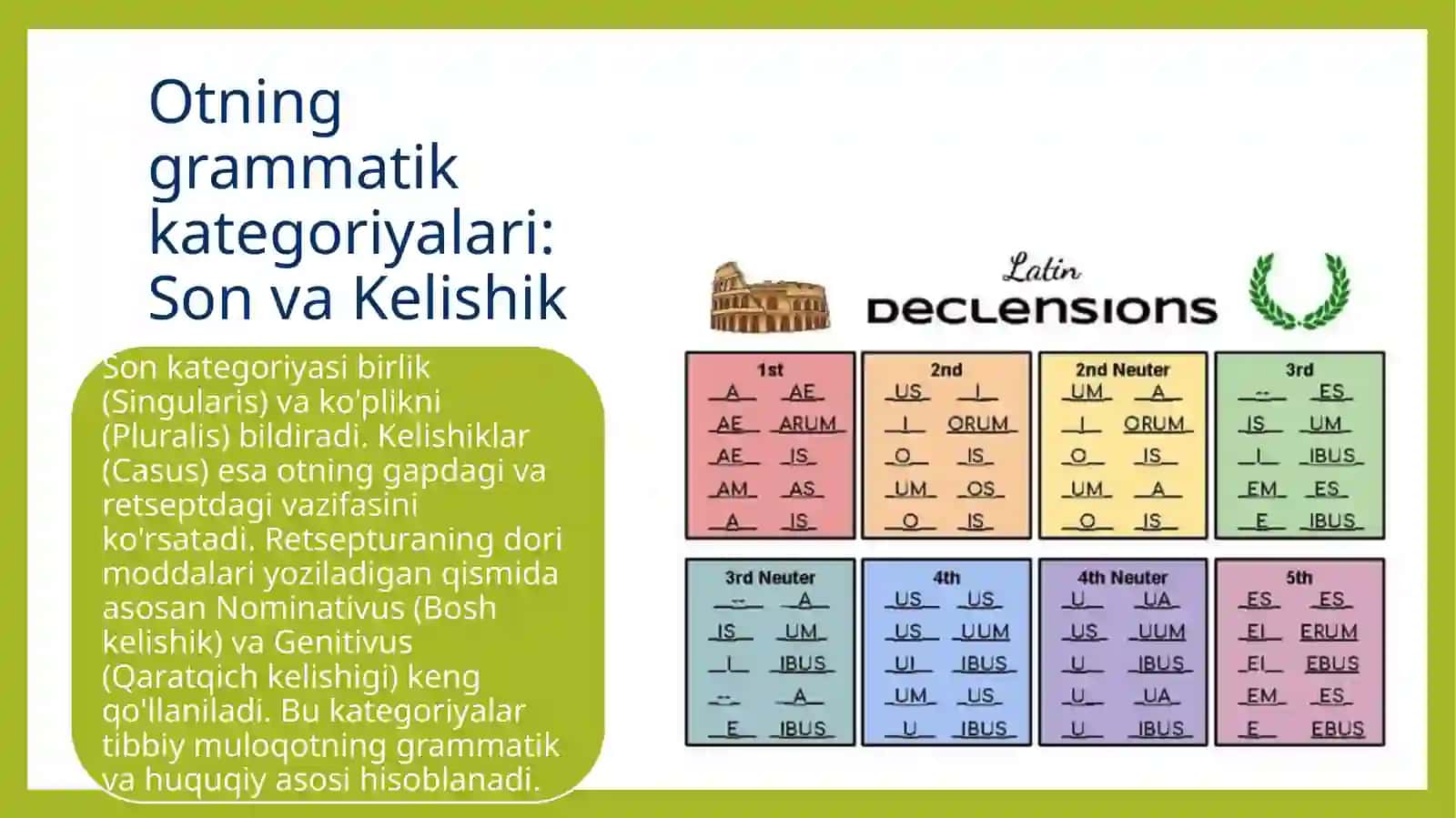 Lotin tilida . Ot. Otning grammatik kategoriyalari, lug'at shakli haqida tushuncha, otlarning turlanishi, negizini aniqlash 4