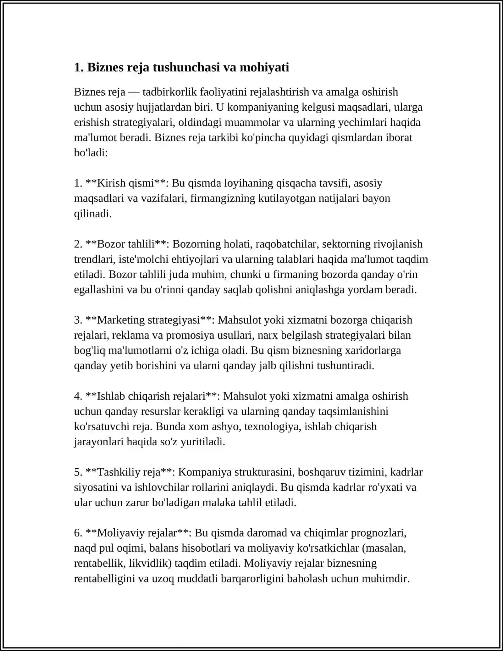 Biznes REJA - KICHIK BIZNES VA TADBIRKORLIK FAOLIYATINING ASOSI SIFATIDA 4