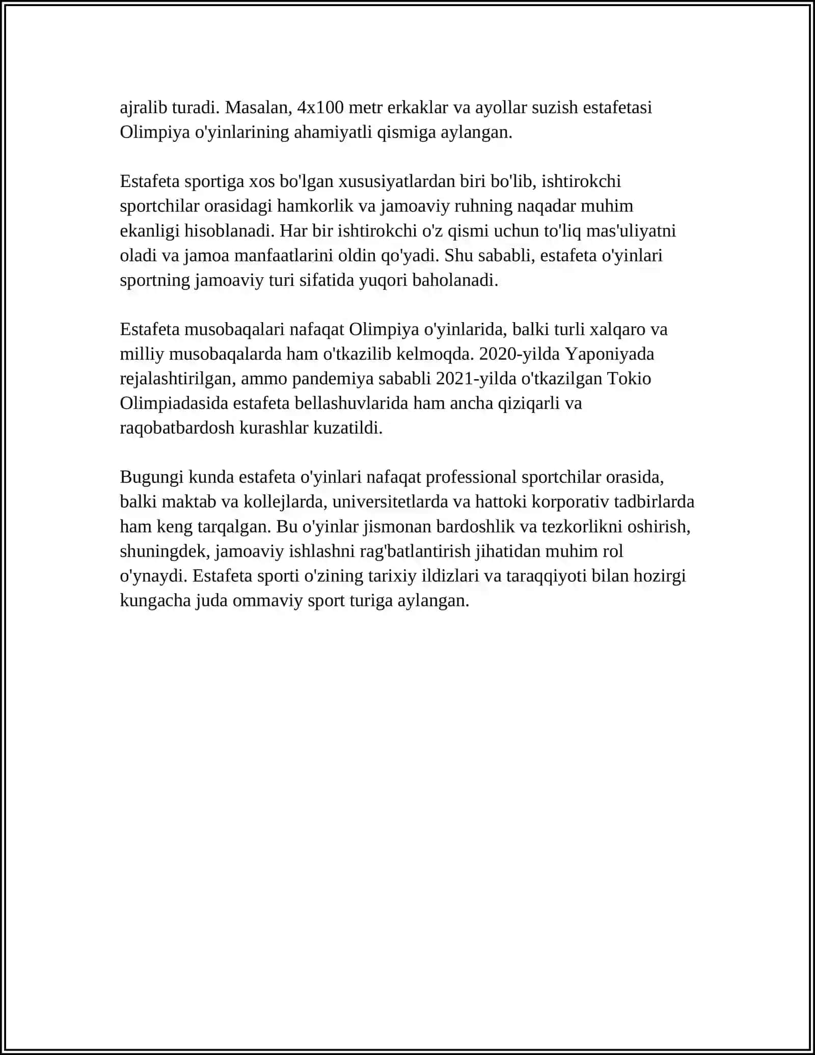 ESTAFETALI MILLION HARAKATLI O'YINLARNI O'TKAZISH 4