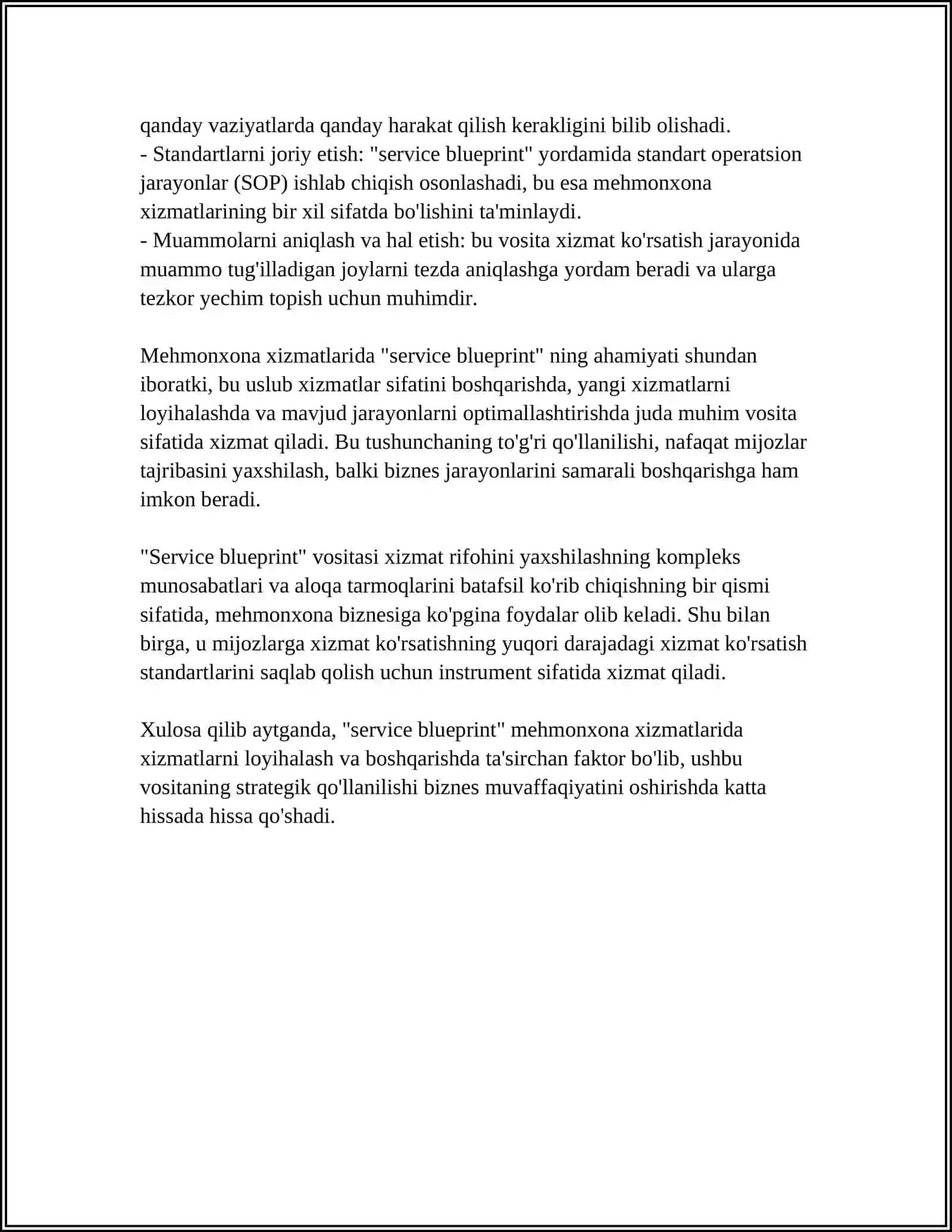 Service Blueprintning tushunchasi va mehmonxona xizmatlarida ahamiyati 4