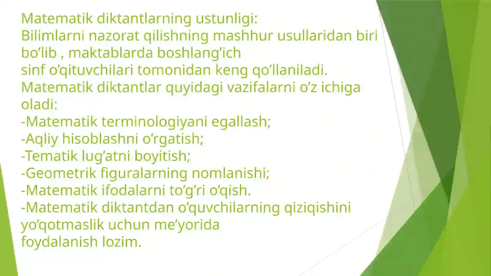 Matematika darslarida matematik diktantni tashkil etish va turlari. 4