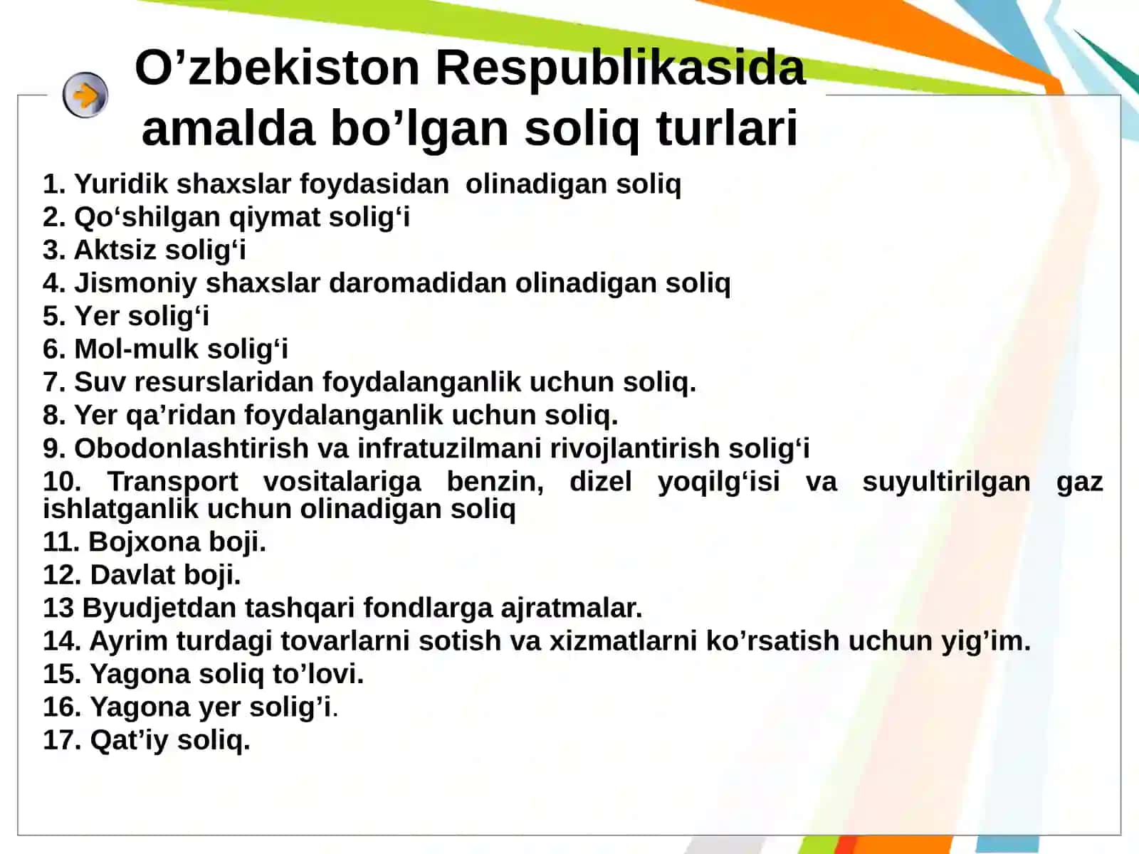 2-mavzu:O’ZBEKISTON RESPUBLIKASIDASOLIQ TIZIMI, SOLIQ MUNOSABATLARI SUBEKTLARINING HUQUQ VA MAJBURIYATLARI.Umumdavlatsoliqlarihamdamahalliysoliqlarvayig‘imlar 4
