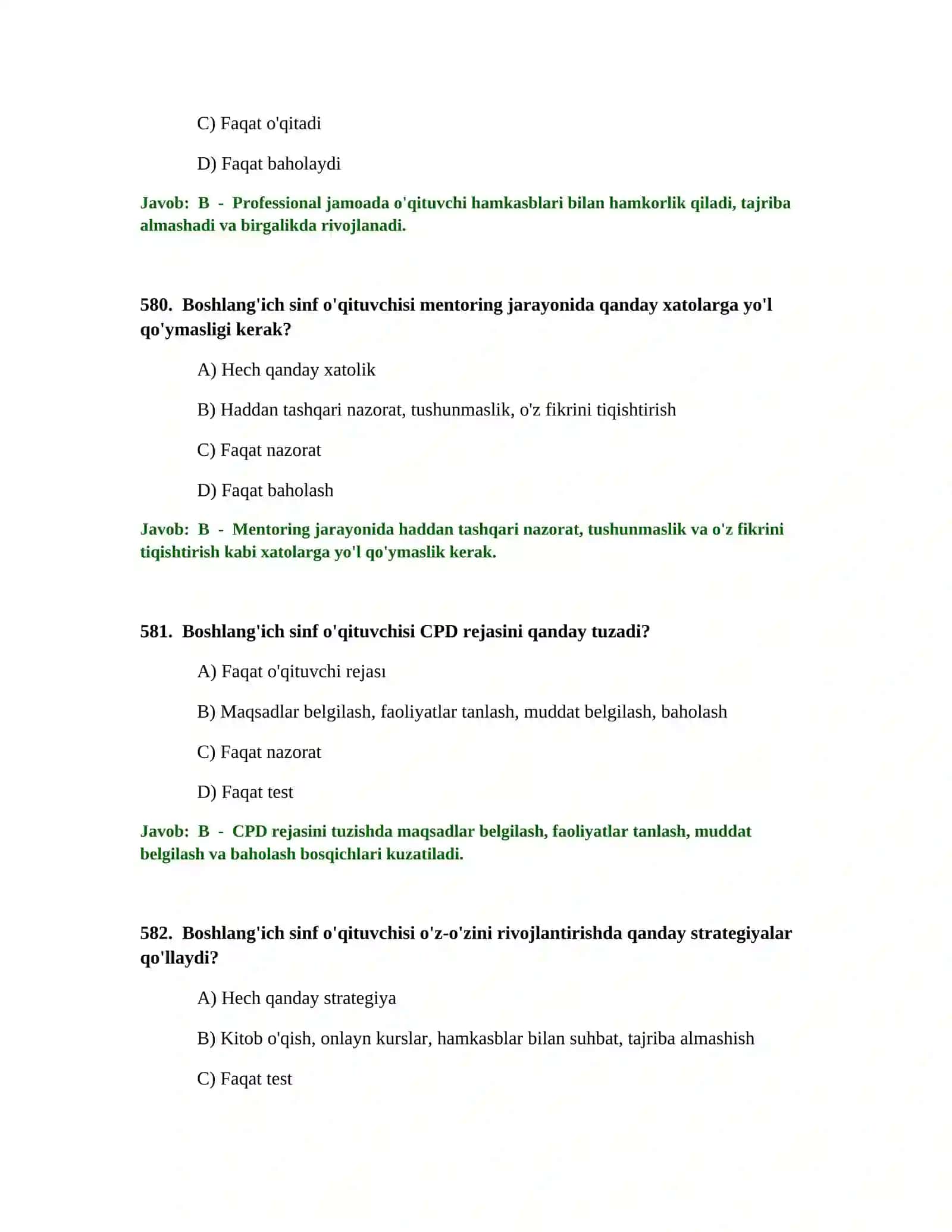 BOSHLANG'ICH TA'LIM O'QITUVCHISI TEST SINOVLARI 4