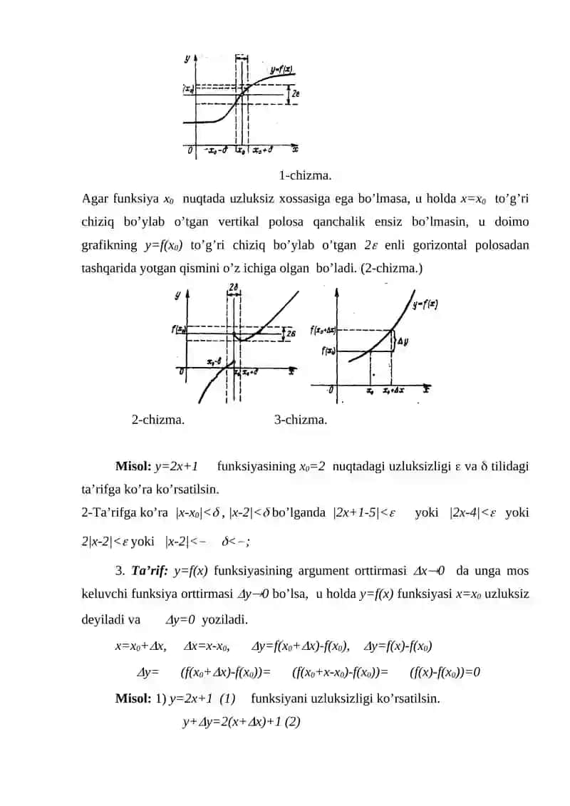 Funksiyaning uzluksizligi    	Uzluksizlik tushunchаsining tа’riflаri. 	Chаpdаn vа o’ngdаn uzluksizlik tа’riflаri. 4