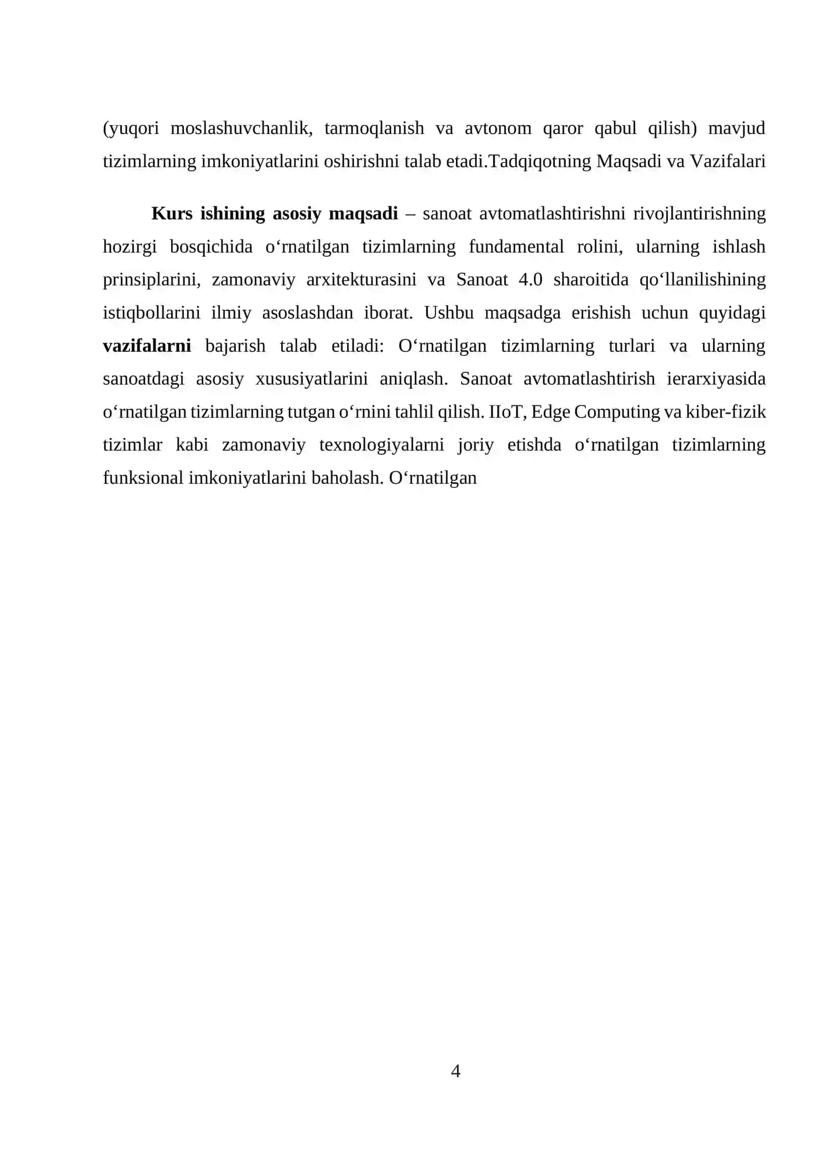 SANOATNI AFTOMATLASHTIRISHDA O‘RNATILGANTIZIMLARNING ROLI. KURS ISHI ISHIGA HISOBOT YOZUVI 4