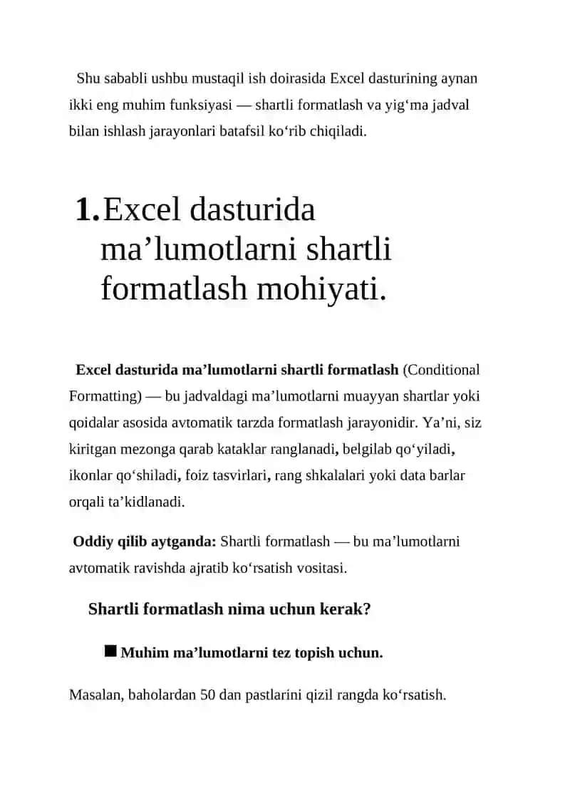 Excel dasturida malumotlarni shartli formatlash. Yig'ma jadval hosil qilish va uning ustida amallar bajarish 4
