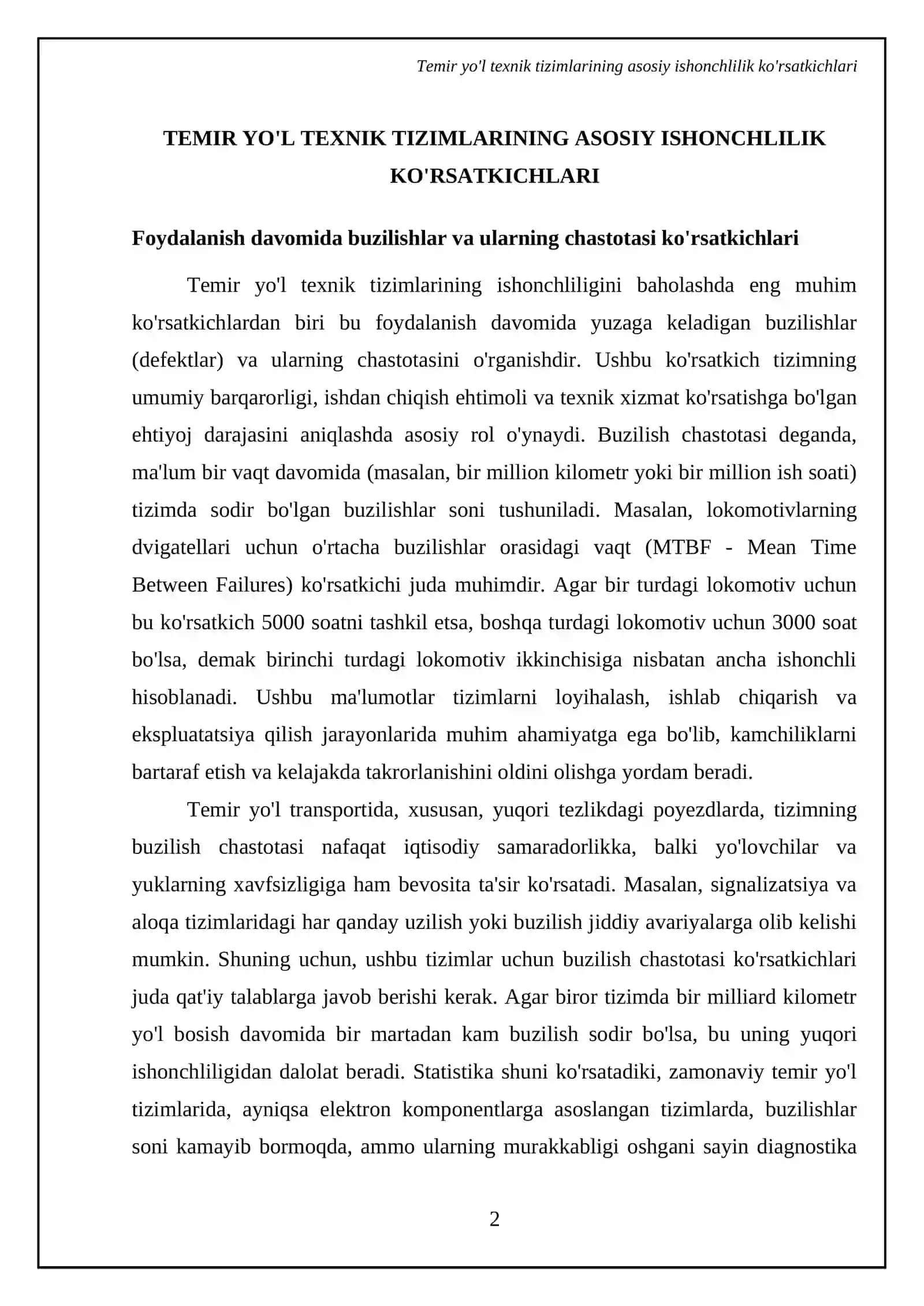 Texnik tizimlarning ishonchliligi koʻrsatkichlari temir yoʻlda 4