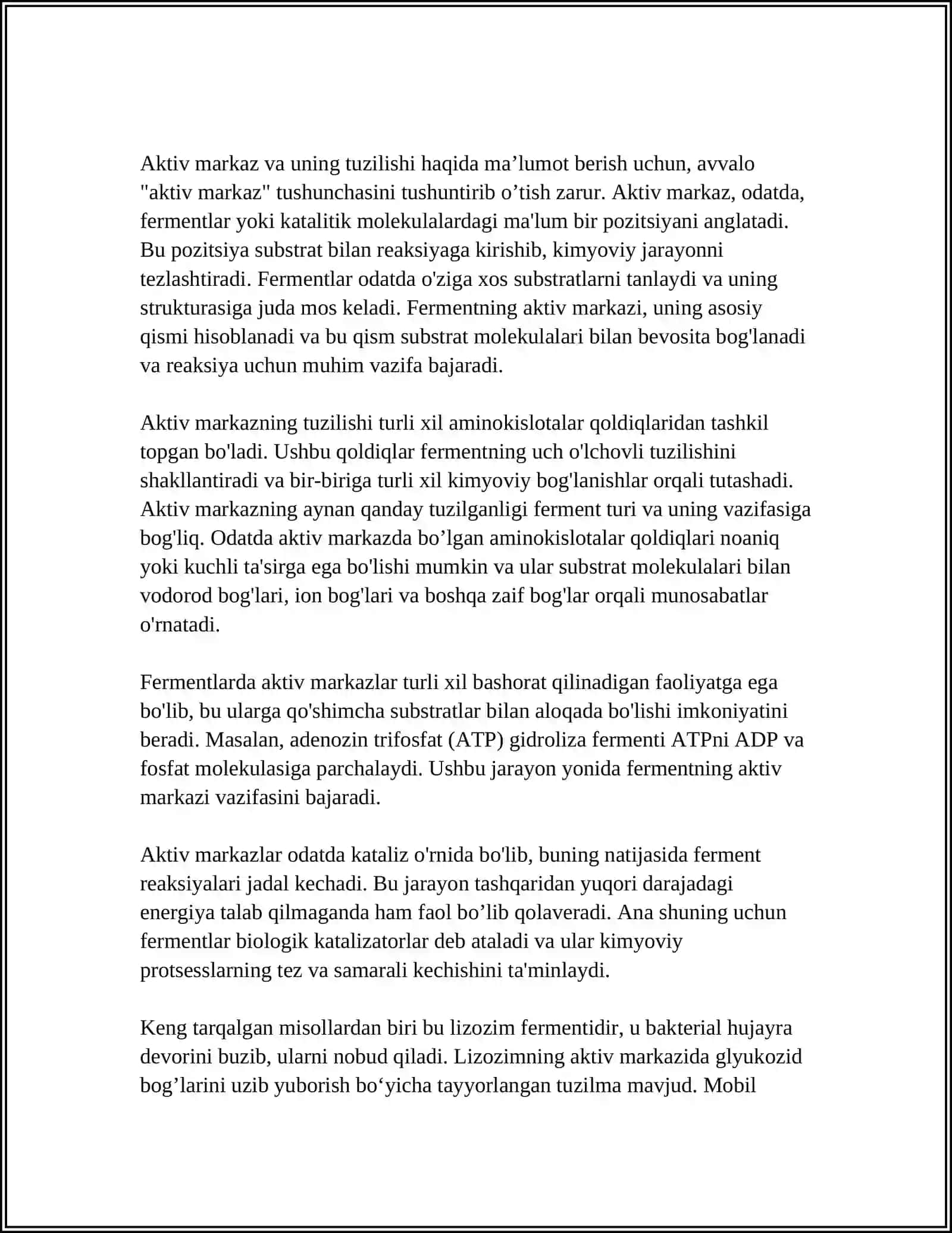 FERMENTLARNING TUZILISHI VA SPETSIFIKLIGI. ALLOSTERIK FERMENTLAR 4