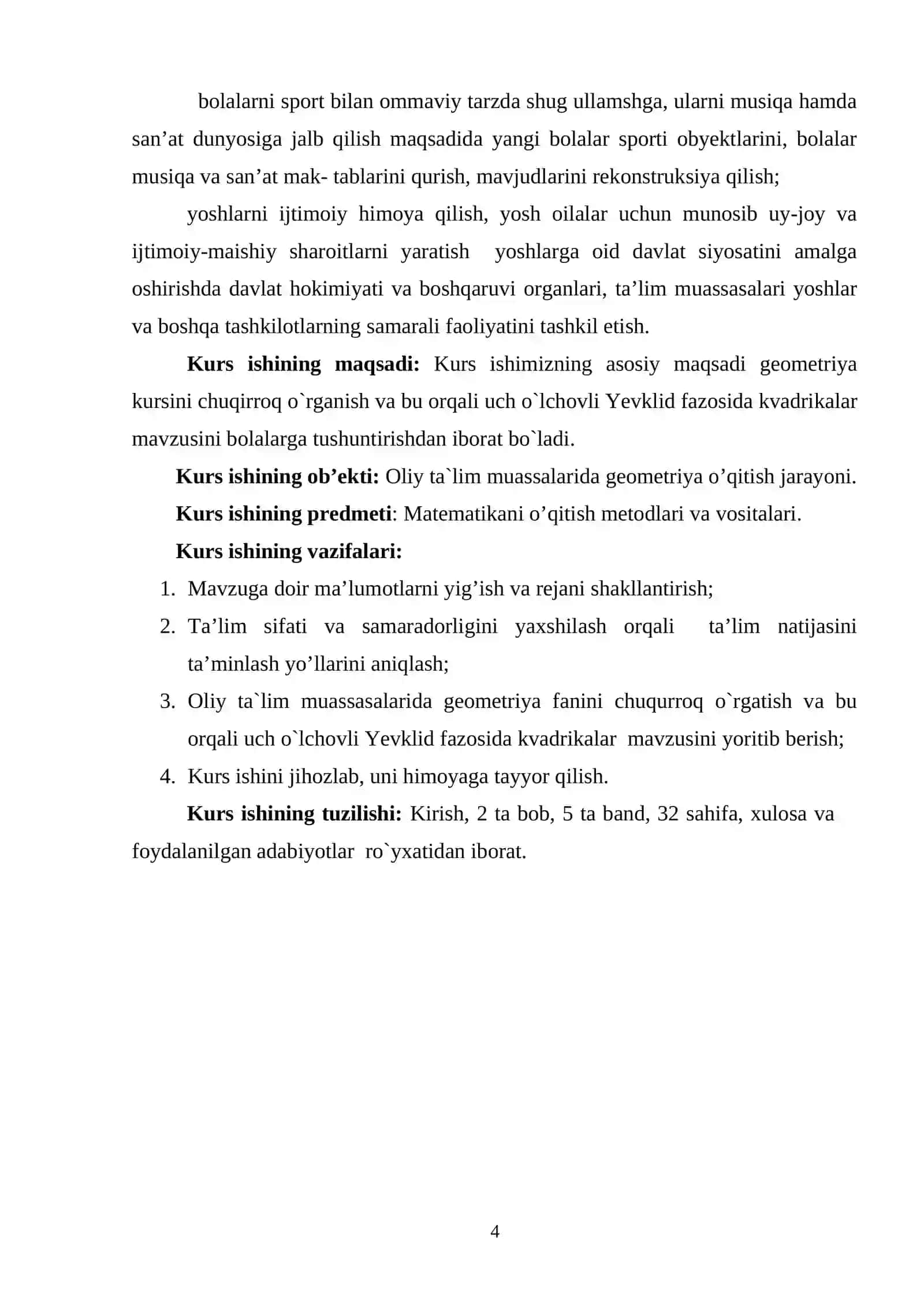 Uch o`lchovli Yevklid fazosida kvadrikalar 4