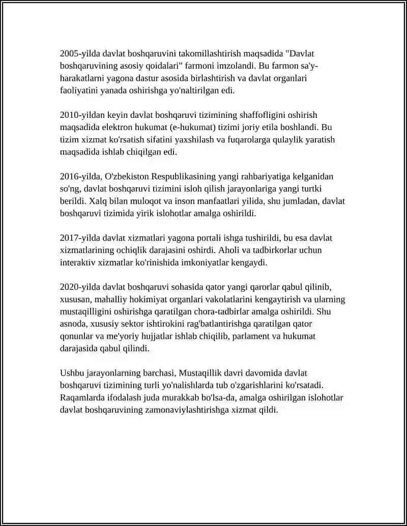 MUSTAQILLIK YILLARIDA DAVLAT BOSHQARUVI TIZIMIDA AMALGA OSHIRILGAN ISLOHOTLAR 4