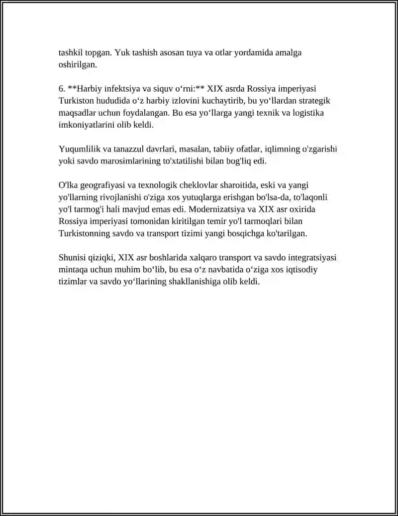 XX ASR BOSHLARIDA TURKISTON OʻLKASI HUDUDIDAGI YOʻLLARNI AHVOLI MUSTAQIL ISH 4