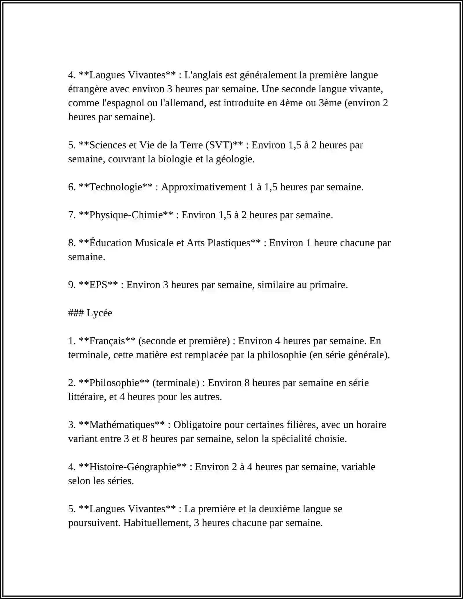 Matières enseignées dans le système éducatif français 4