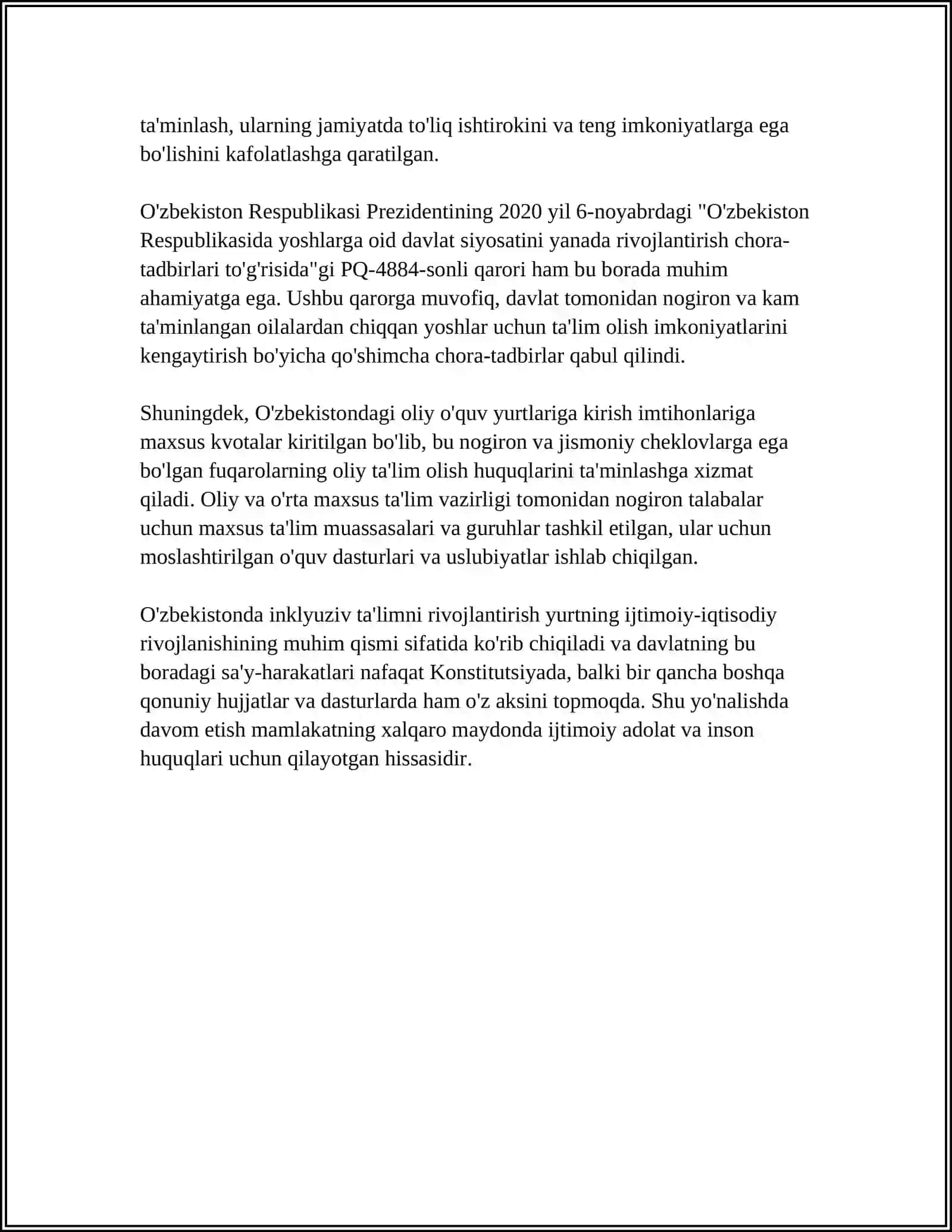 O'ZBEKISTONDA INKLYUZIV TALIMNING MEYORIY HUQUQIY BAZASINI TAHLIL QILISH 4