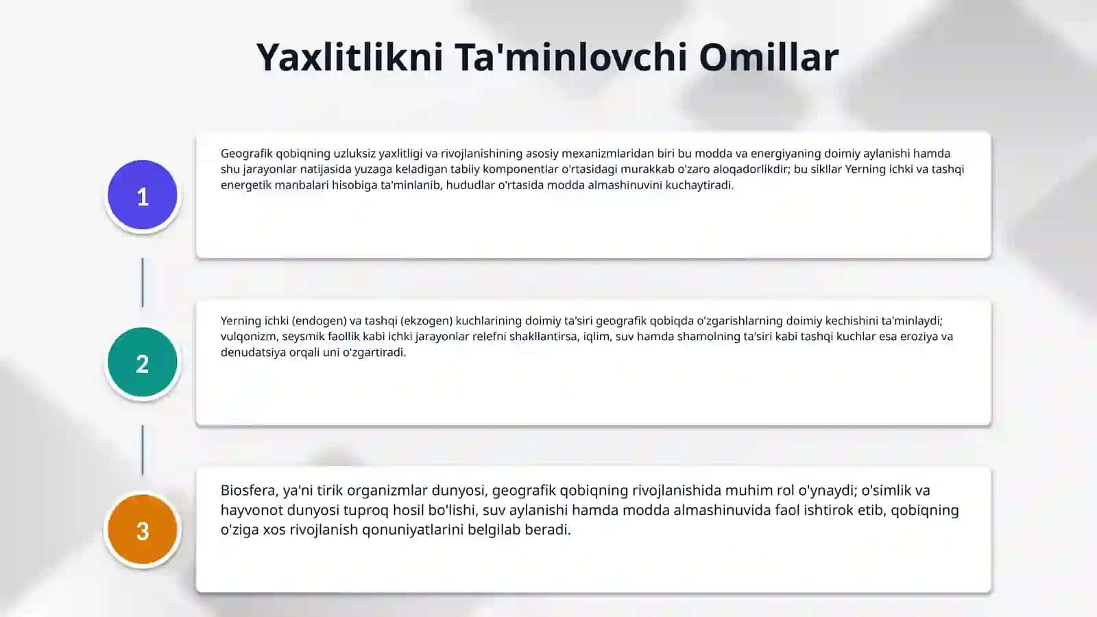 Geografik qobiqning bir butunligi vahududiy tabaqalanish sabablari 4