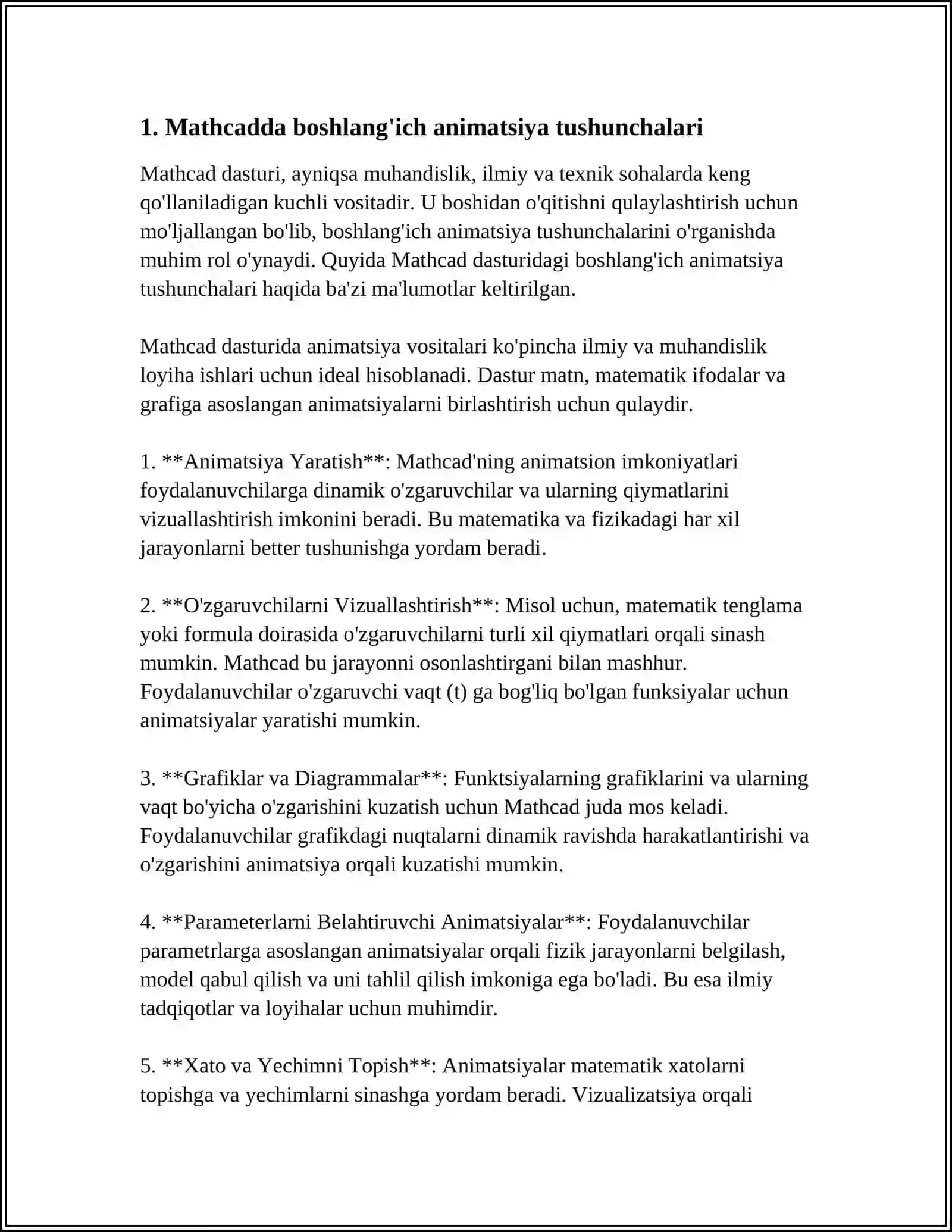 MUSTAQIL ISH Mavzu: MATHCADDA ANIMATSIYANING KENGAYTIRILGAN USULLARI 4