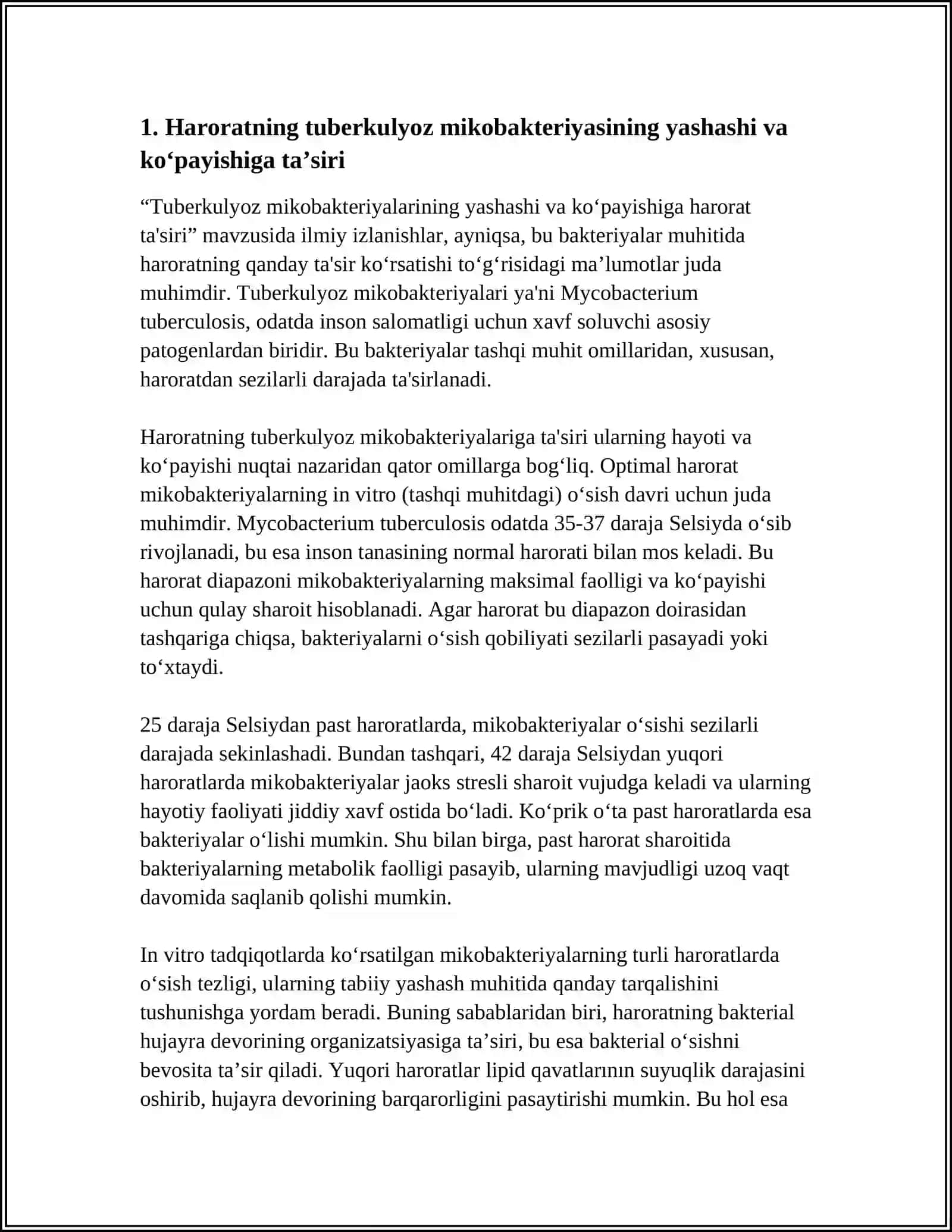 HARORAT NAMLIK ULTIRABINAFSHA NURLANISH VA BOSHQALAR KABI FIZIK OMILLARNING TUBERKULYOZ MIKO BAKTERIYASINING YASHASHI VA TARQALISHIGA TA’SIRINI O’RGANISH 4