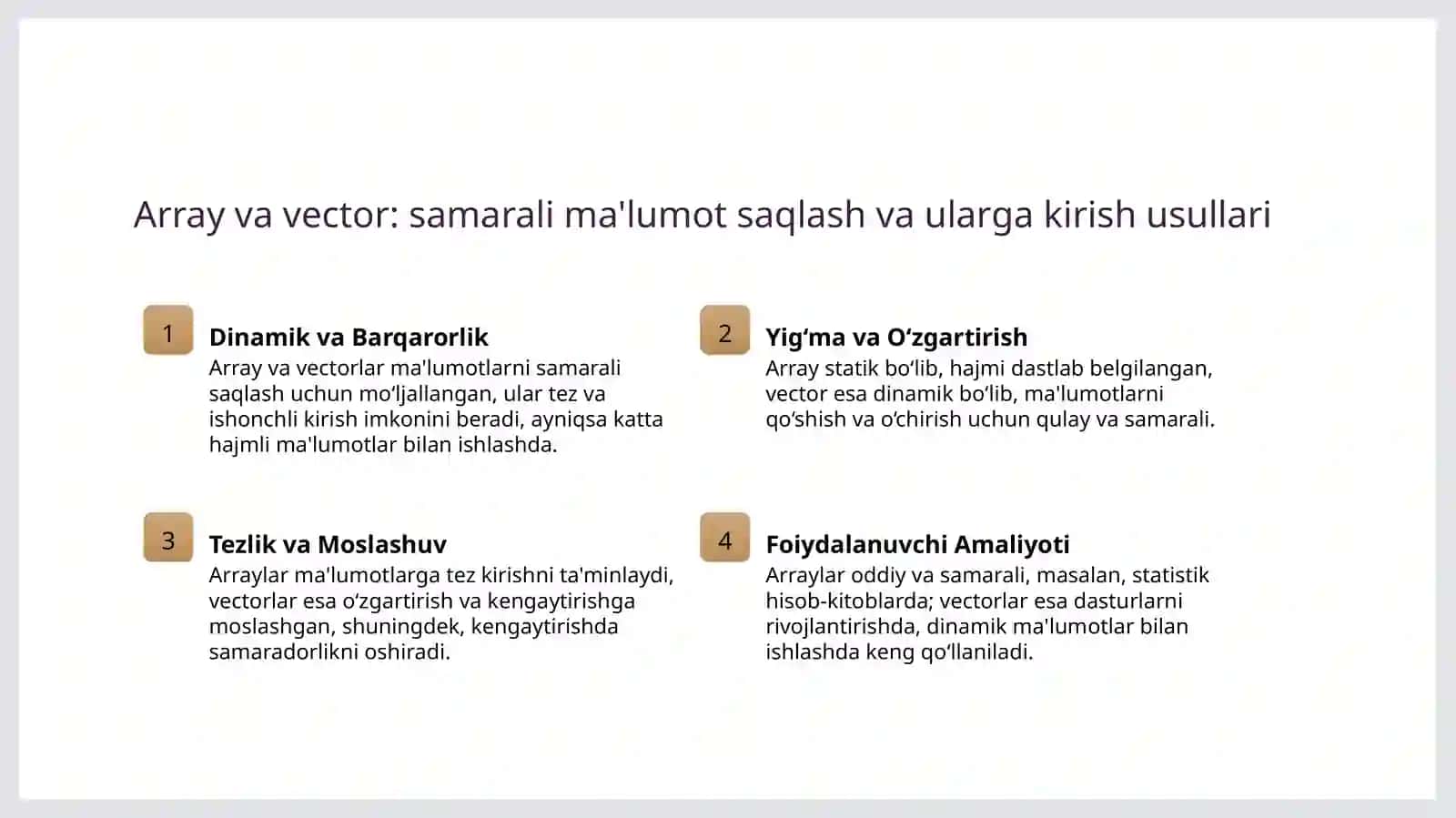 MT.2-STL kutubxonalari. Konteyner sinflar chiziqli konteynerlar (array, vector,deque,list,forward_list) va (map,multiset, multimap)ustida amallar bajarish 4