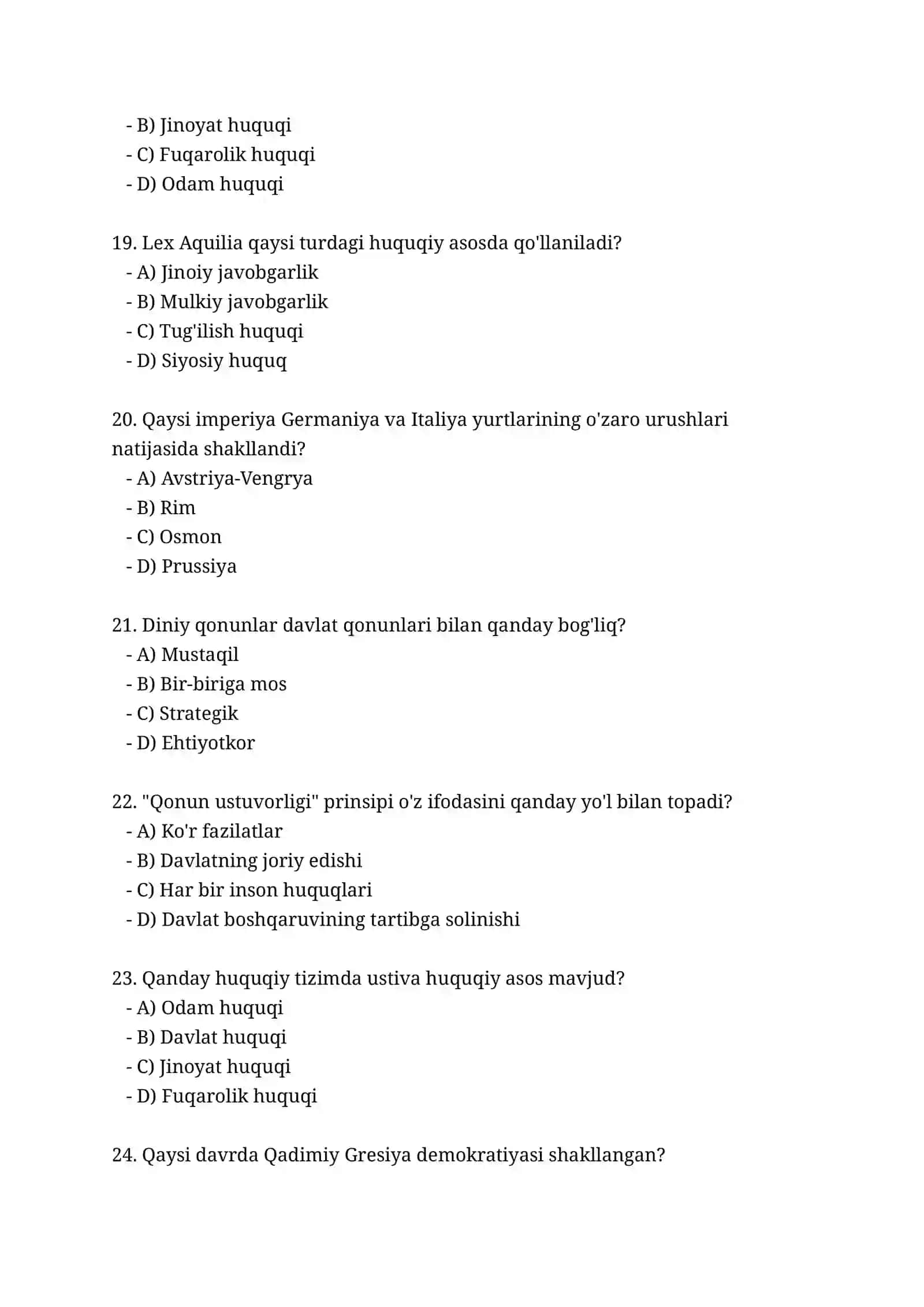Davlat va Huquq Tarixi - 50 ta Test Savoli 4