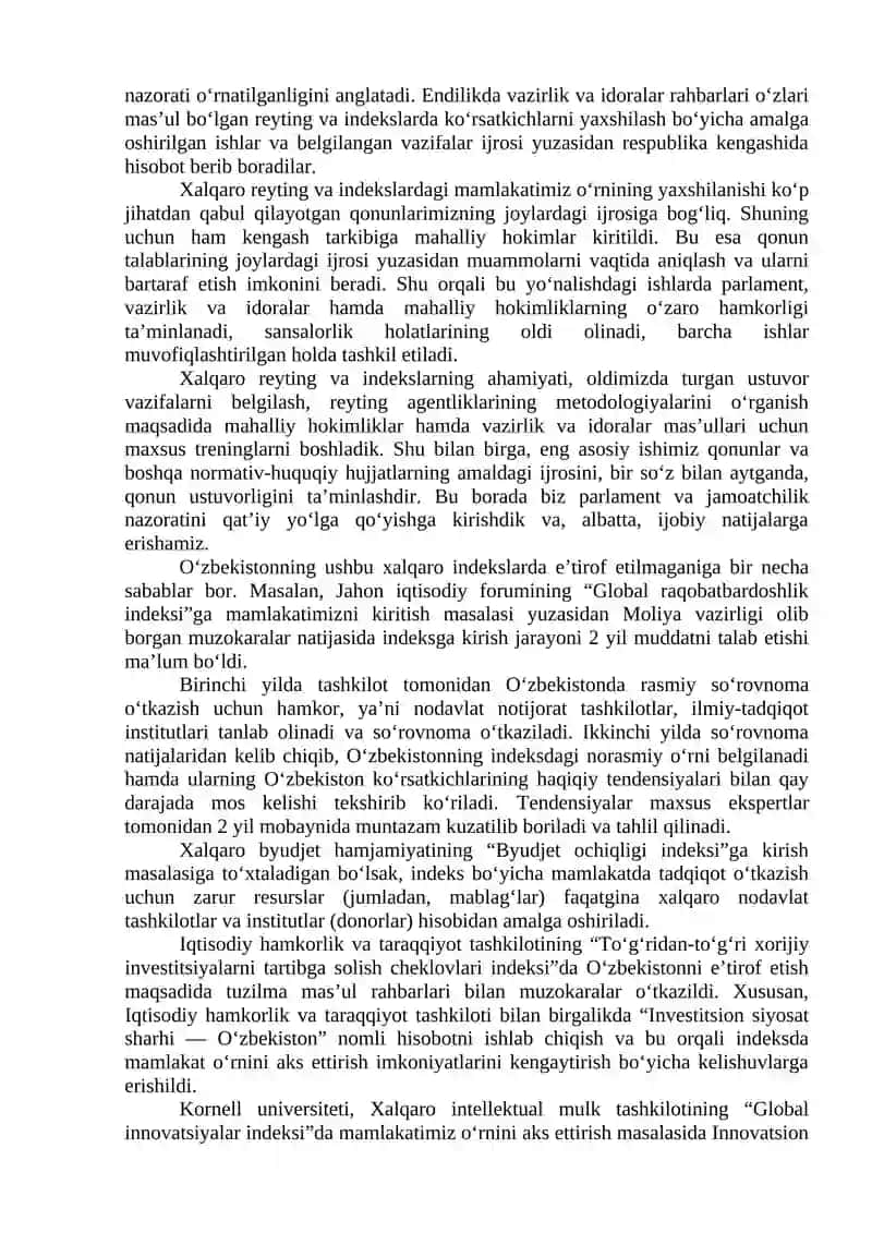 Yangi O‘zbekiston ijtimoiy-siyosiy, iqtisodiy va madaniy hayotida roʻy berayotgan oʻzgarishlarning xalqaro reyting va indekslarda aks etishi 4