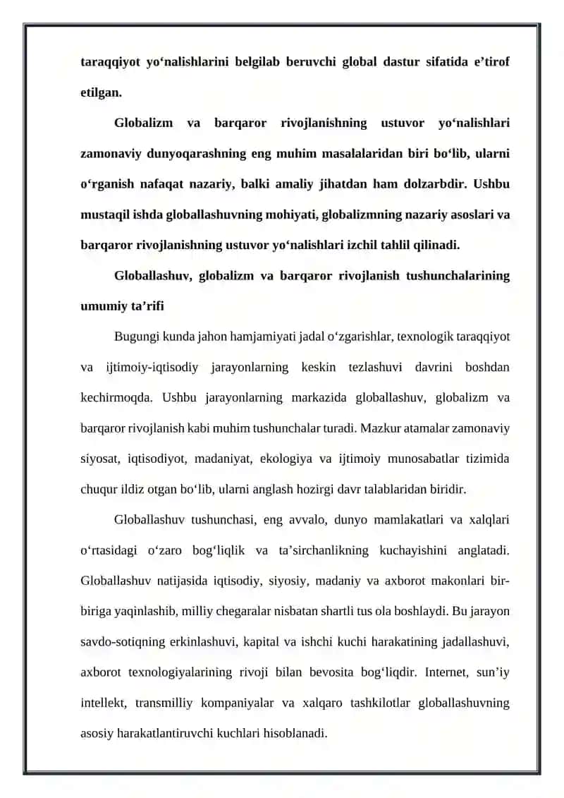 Globallashuv, globalizm va barqaror rivojlanishning ustuvor yo`nalishlari 4