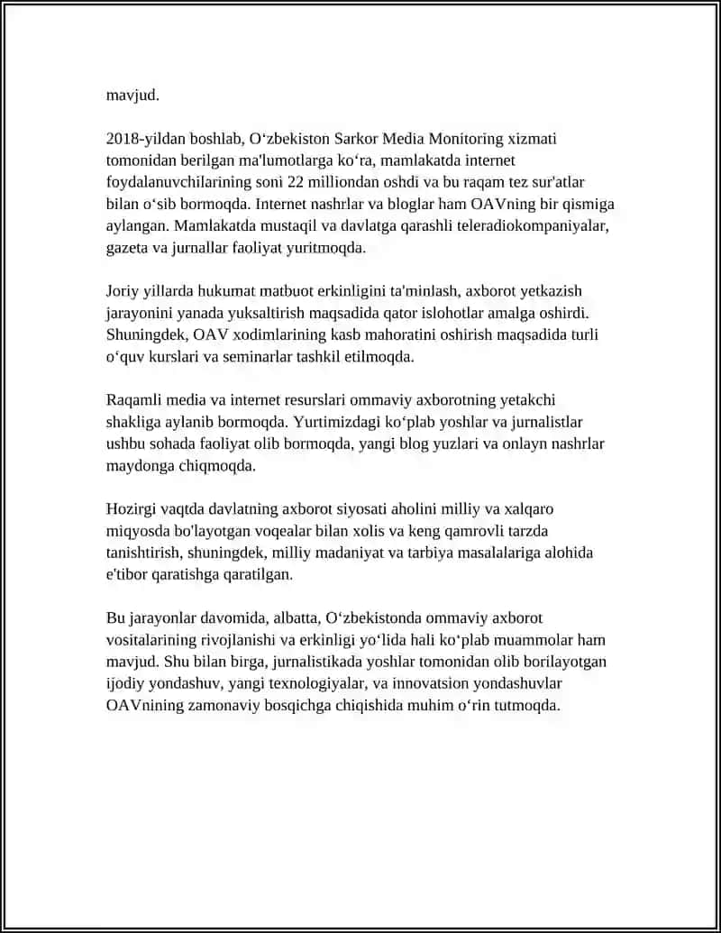 O'zbekiston Respublikasida Ommaviy Axborot Vositalarining Faoliyati 4