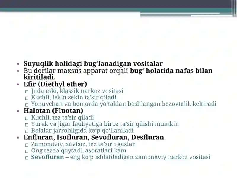 Narkoz uchun vositalar. Miometriy funksiyasiga ta’sir etuvchi vositalar. 4