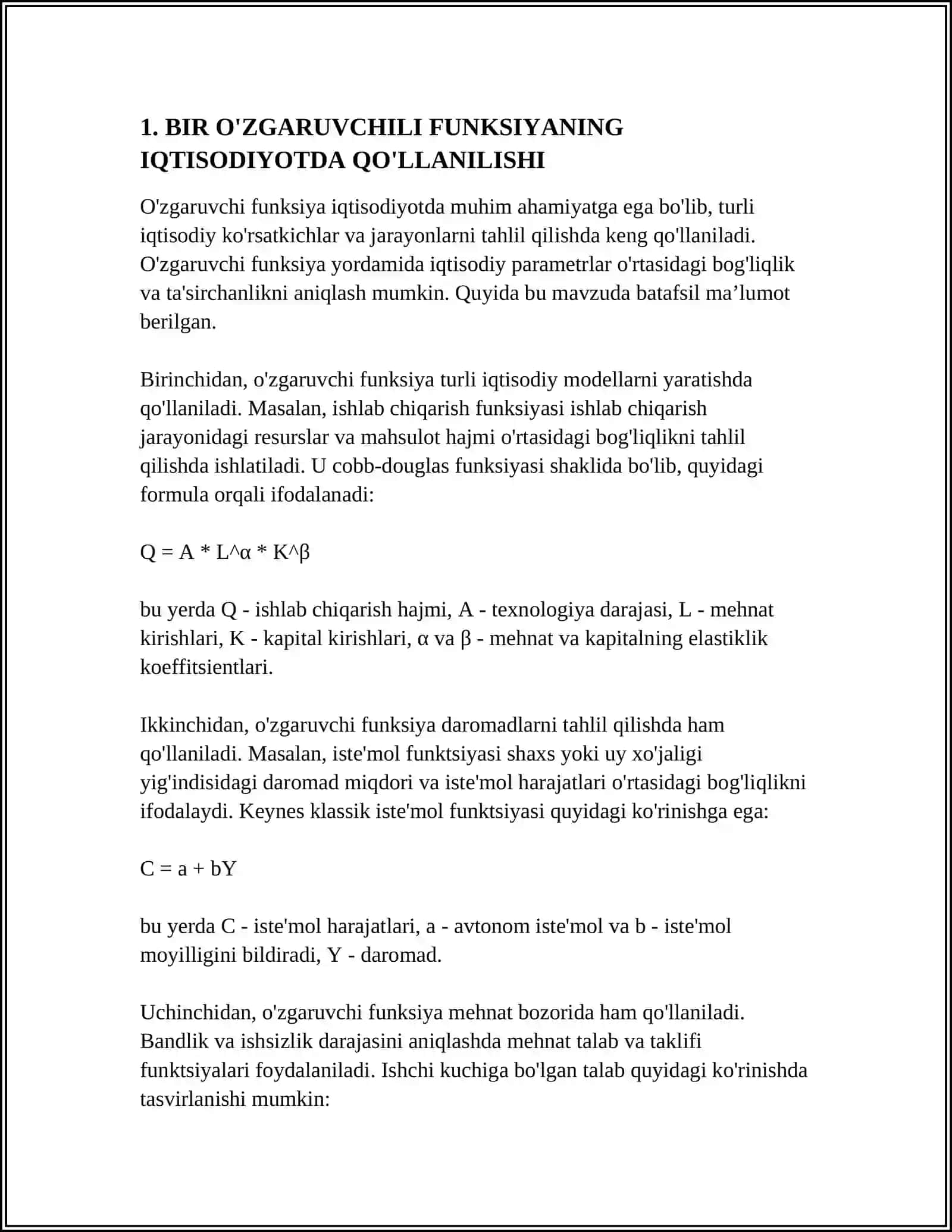 BIR O'ZGARUVCHILI FUNKSIYANI TEKSHIRISHNING IQTISODIYOTGA BOG'LIQLIGI 4
