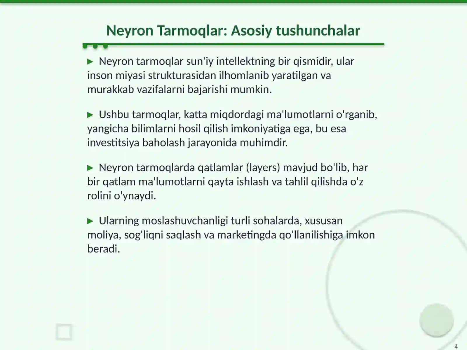 Investitsiya Loyiha Baholashida Neyron Tarmoqlar va Sin'iy Intellekt 4
