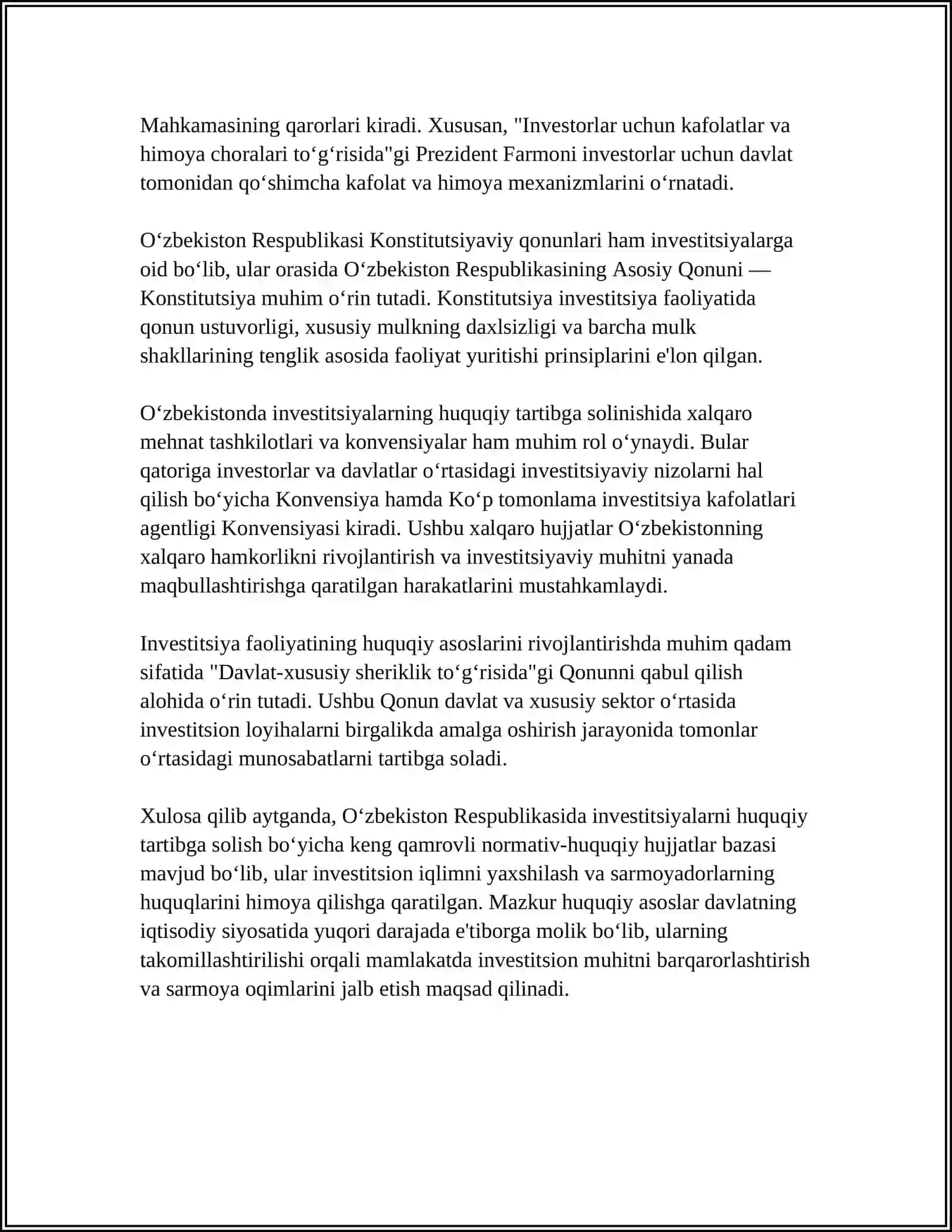 INVISTITSIYA VA TASHQI IQTISODIY FAOLIYATNI HUQUQIY TARTIBGA SOLISH 4