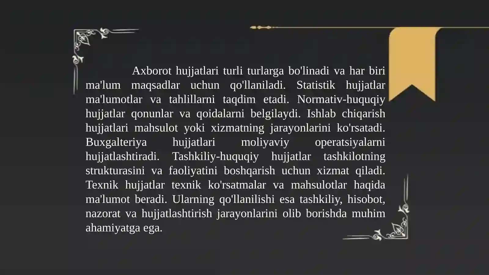 Ma'lumotnoma - axborot hujjatlari. Ma'lumot -axborot hujjatlarining til xususiyatlari va qo'llanishi, Dalolatnoma, ishonchnoma , ma'lumotnoma, tavsifnoma , tavsiyanoma, tarjimai hol, tilxat , tushuntirish xati, e'lon, hisob 4