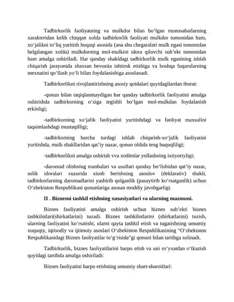 Biznes faoliyatini tashlil etishning o'ziga xos xususiyatlari 4