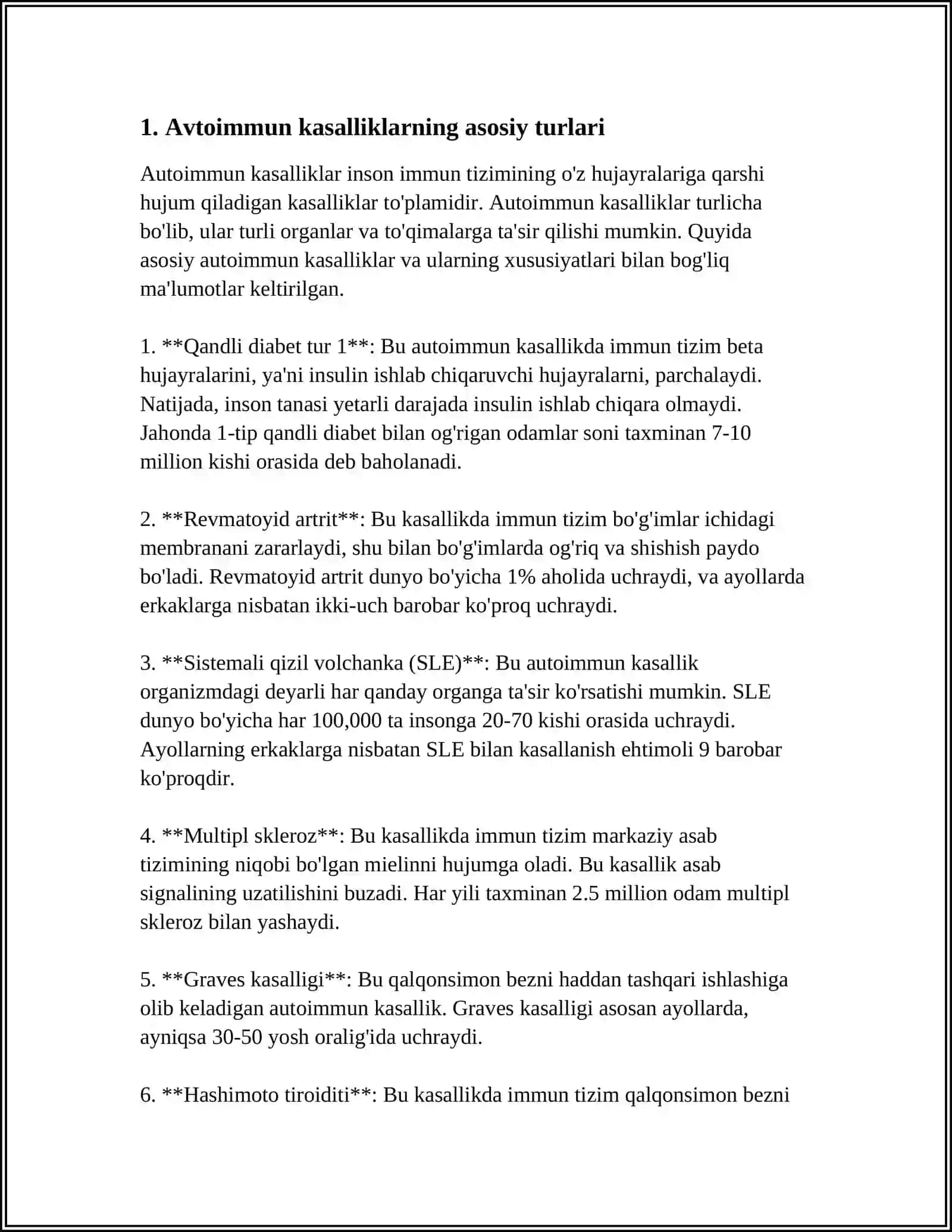 IMMUNOLOGIK TOLERANTLIK NUQSONLARI. AUTOIMMUN XASTALIKLARI HAQIDA 4