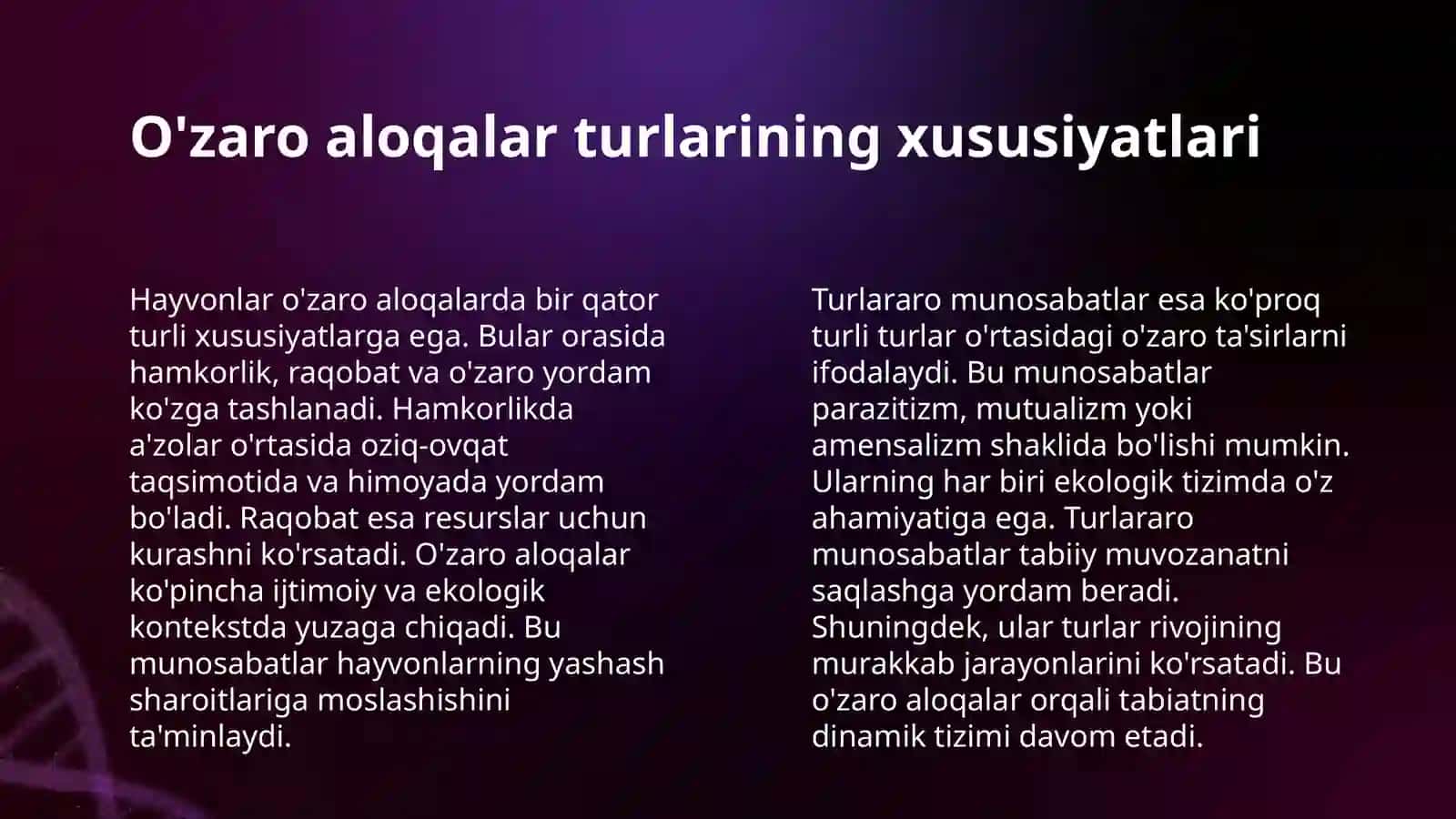 HAYVONLAR JAMOALARINING O'ZARO MUNOSABATI. TURLARARO MUNOSABATLAR VA ULARNING ETOLOGIYASI.YIRTQICH O'LJA PARAZIT XO'JAYIN RAQOBAT MUNOSABATLARI 4