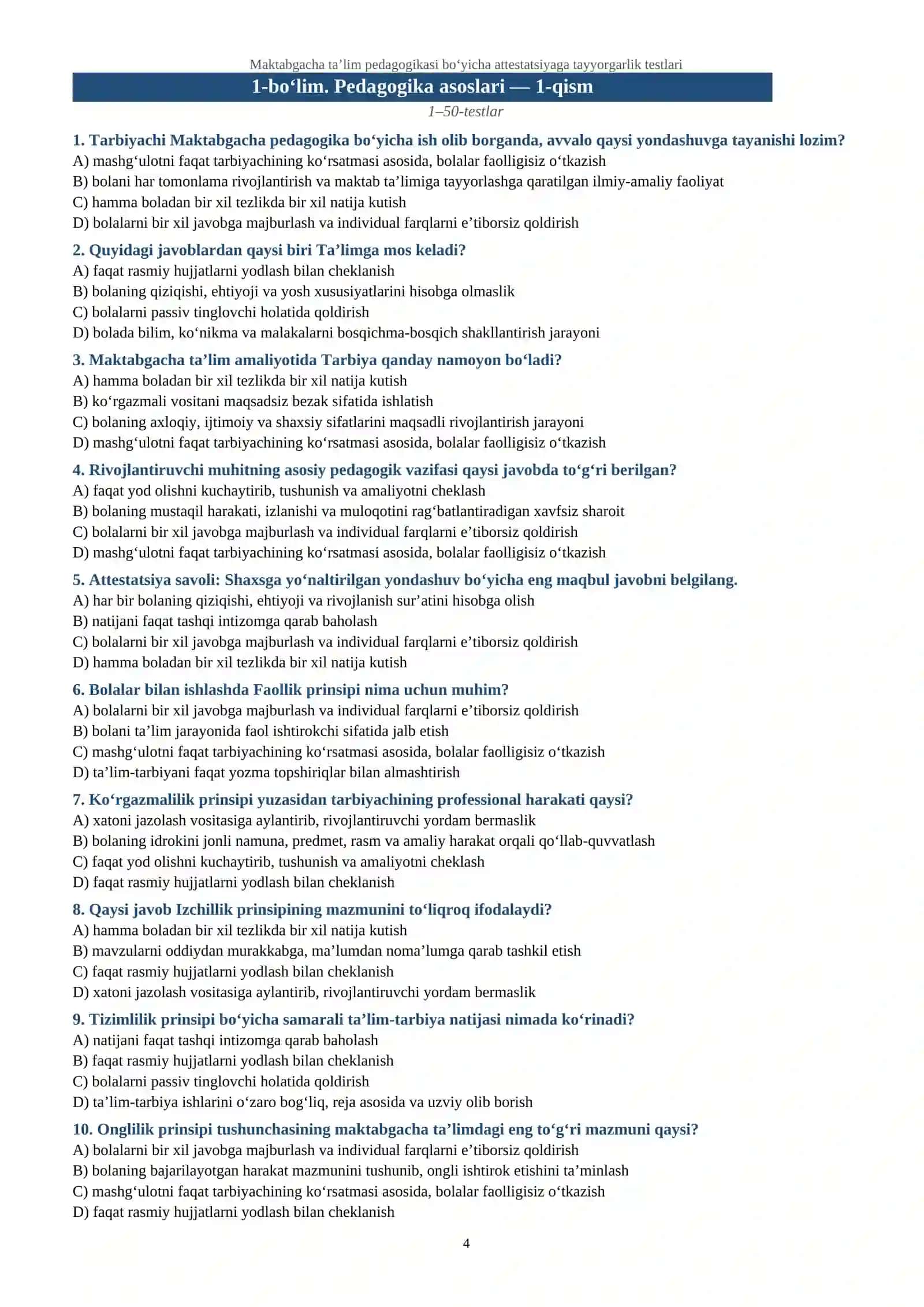 Maktabgacha ta’lim pedagogikasi bo‘yicha attestatsiyaga tayyorgarlik testlari 4