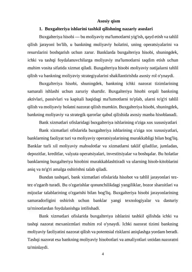 BANK XIZMATLARI OFISLARIDA BUXGALTERIYA ISHLARINI TASHKIL QILISH ASOSLARI referat 4